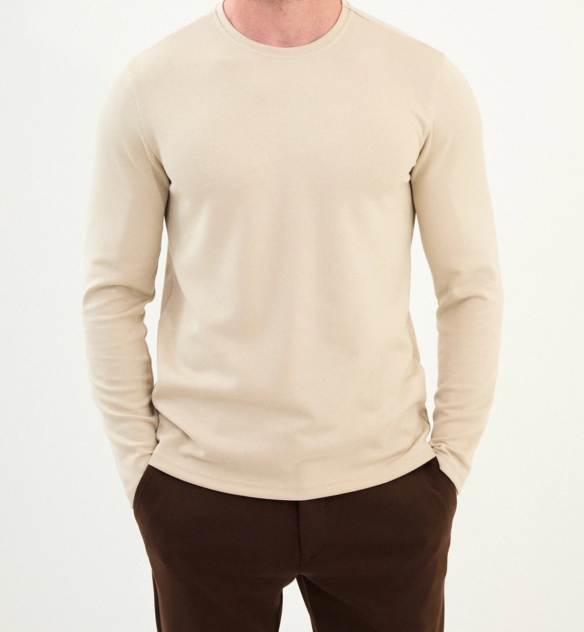 Desenli Slim Fit Bisiklet Yaka Triko  - Koyu Bej