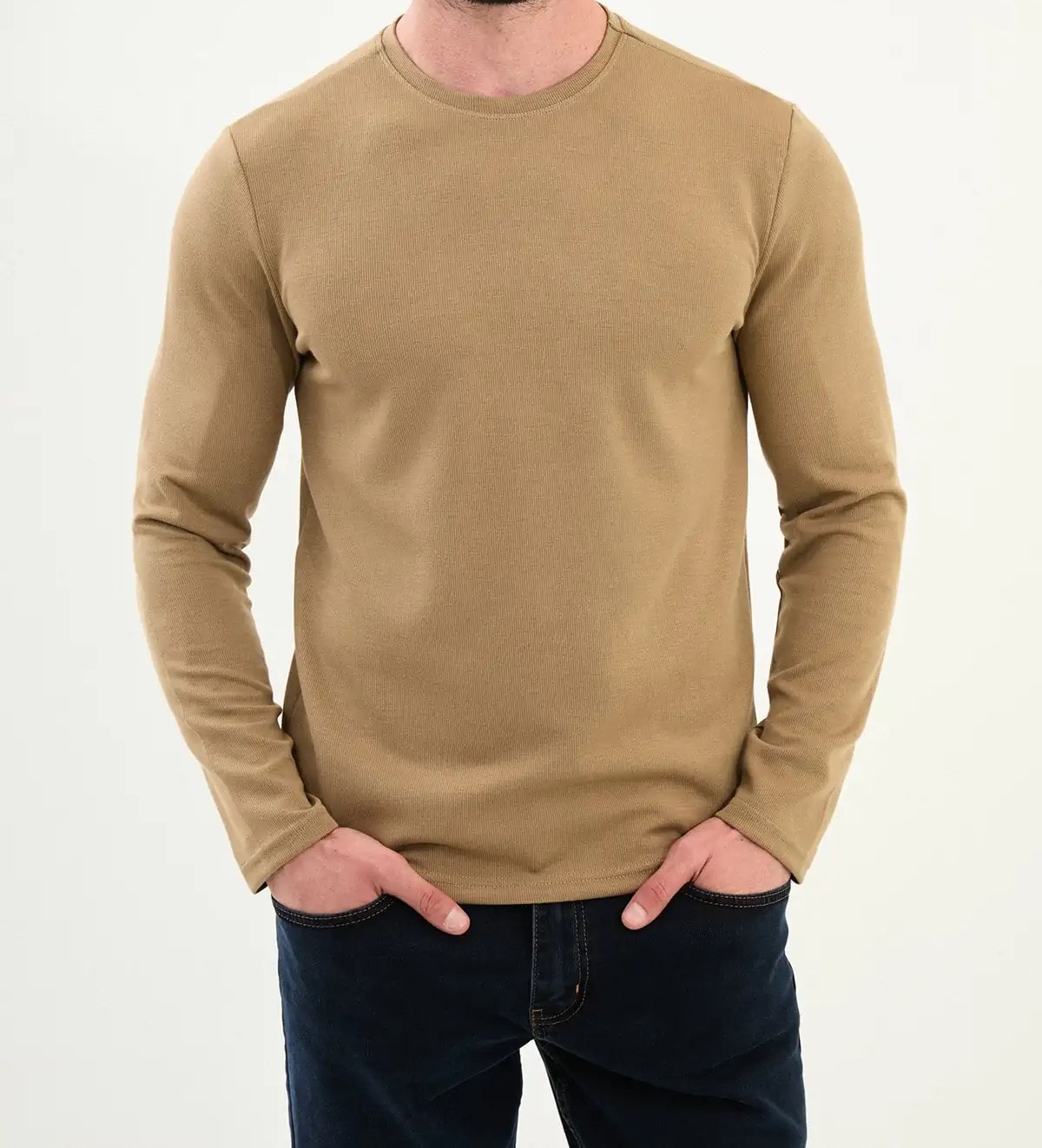 Desenli Slim Fit Bisiklet Yaka Triko  - Vizon