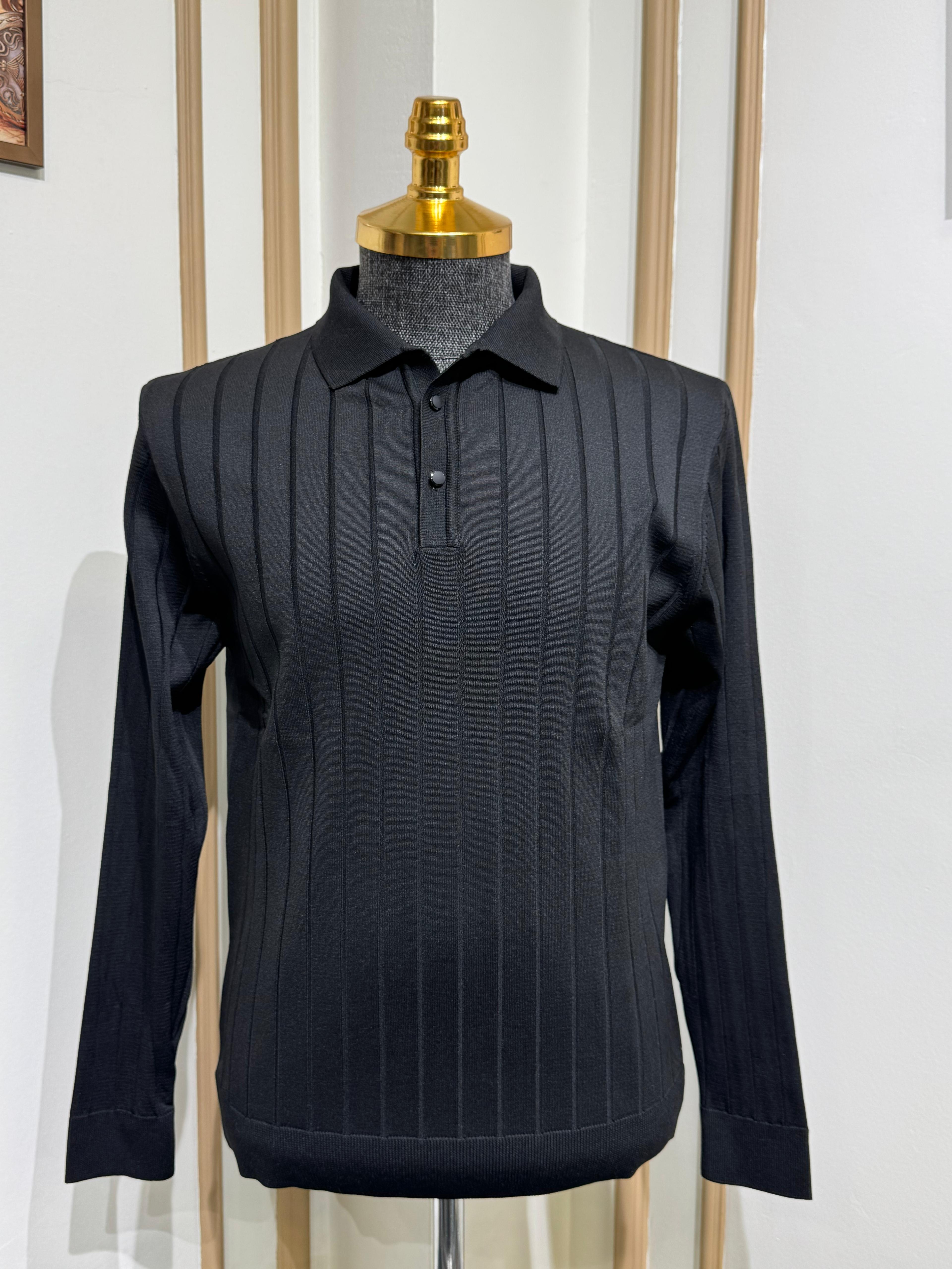 Slim Fit Çizgi Desenli Polo Yaka Triko Kazak  - Siyah