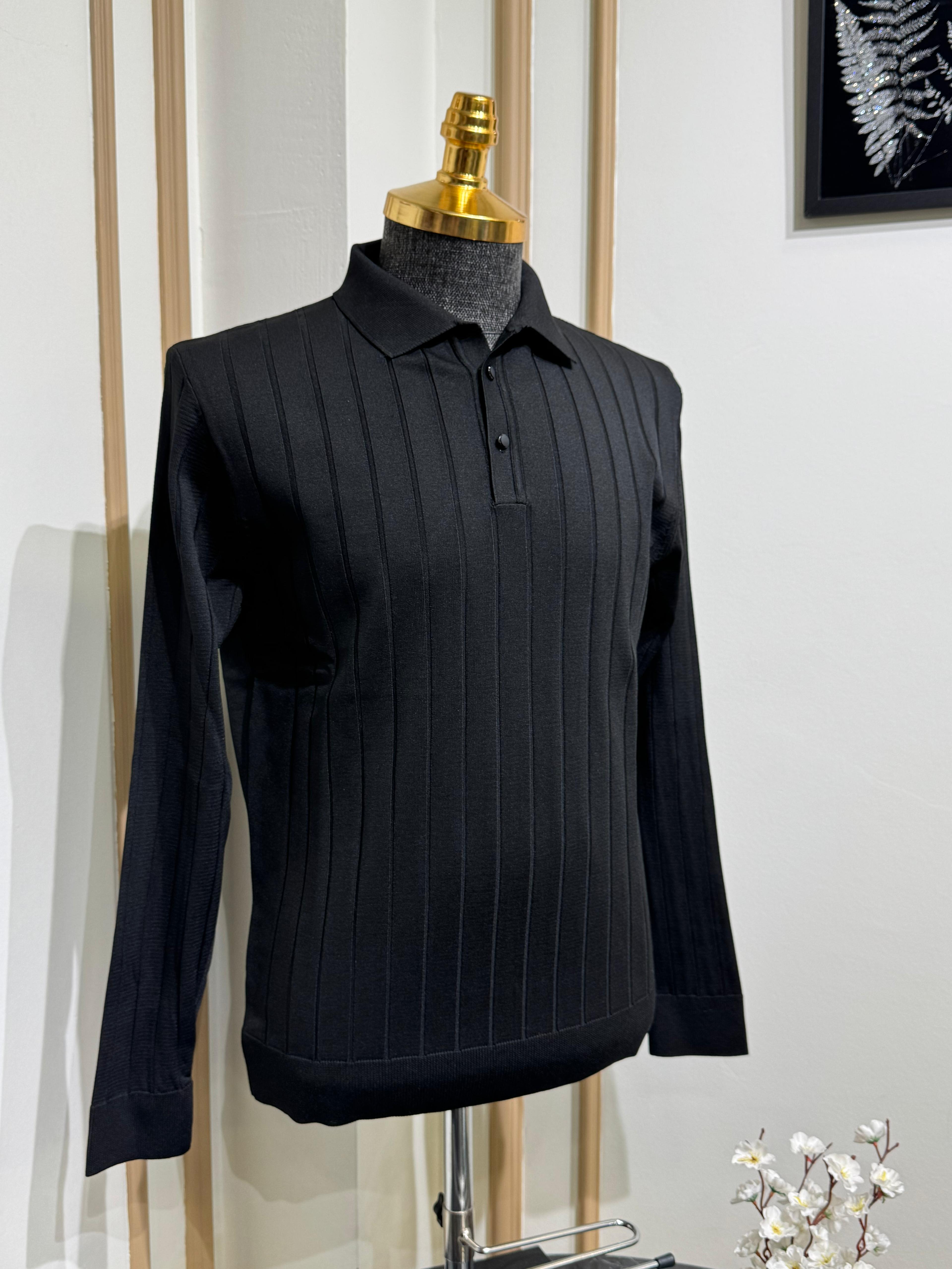 Slim Fit Çizgi Desenli Polo Yaka Triko Kazak  - Siyah