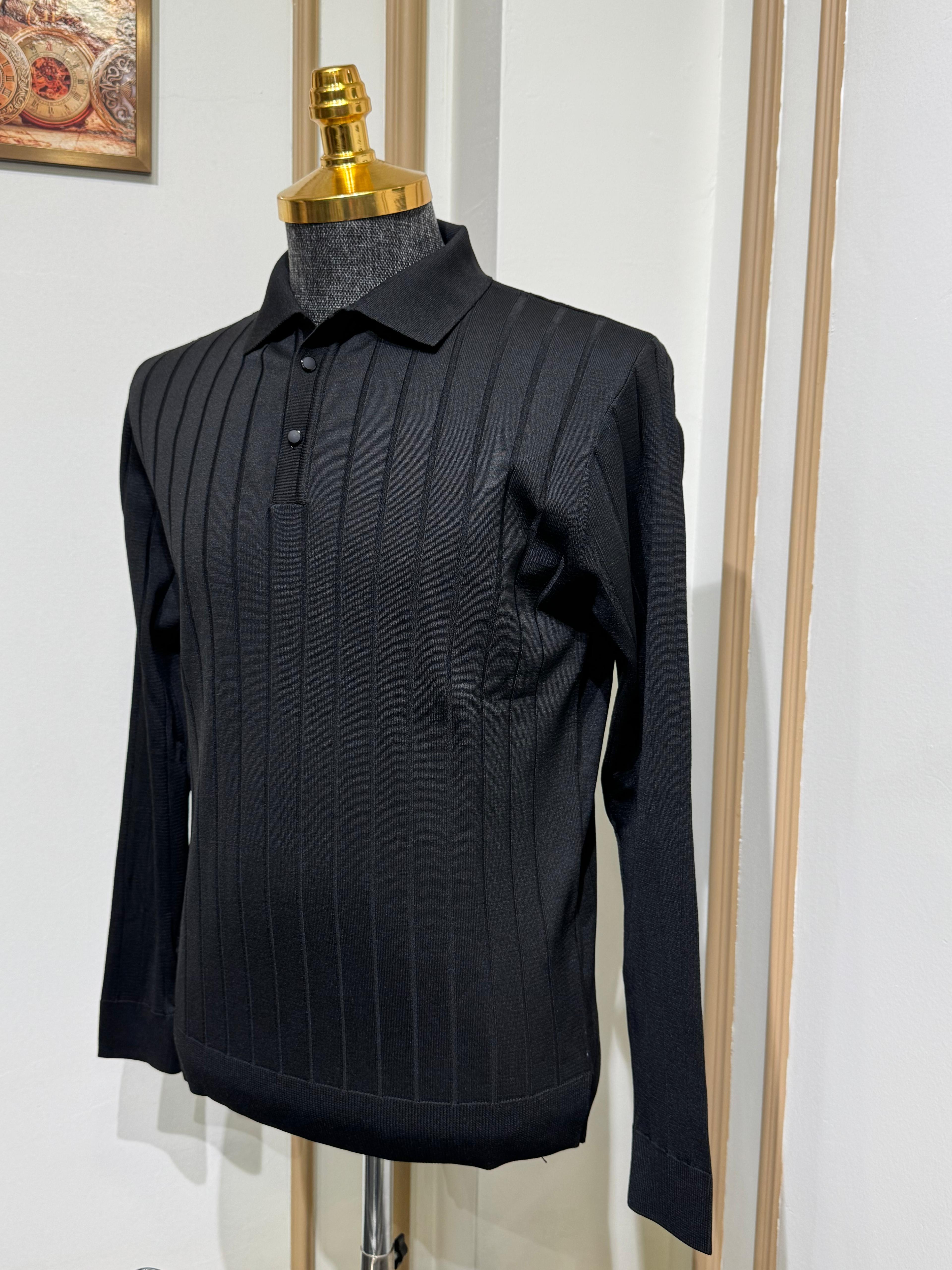 Slim Fit Çizgi Desenli Polo Yaka Triko Kazak  - Siyah
