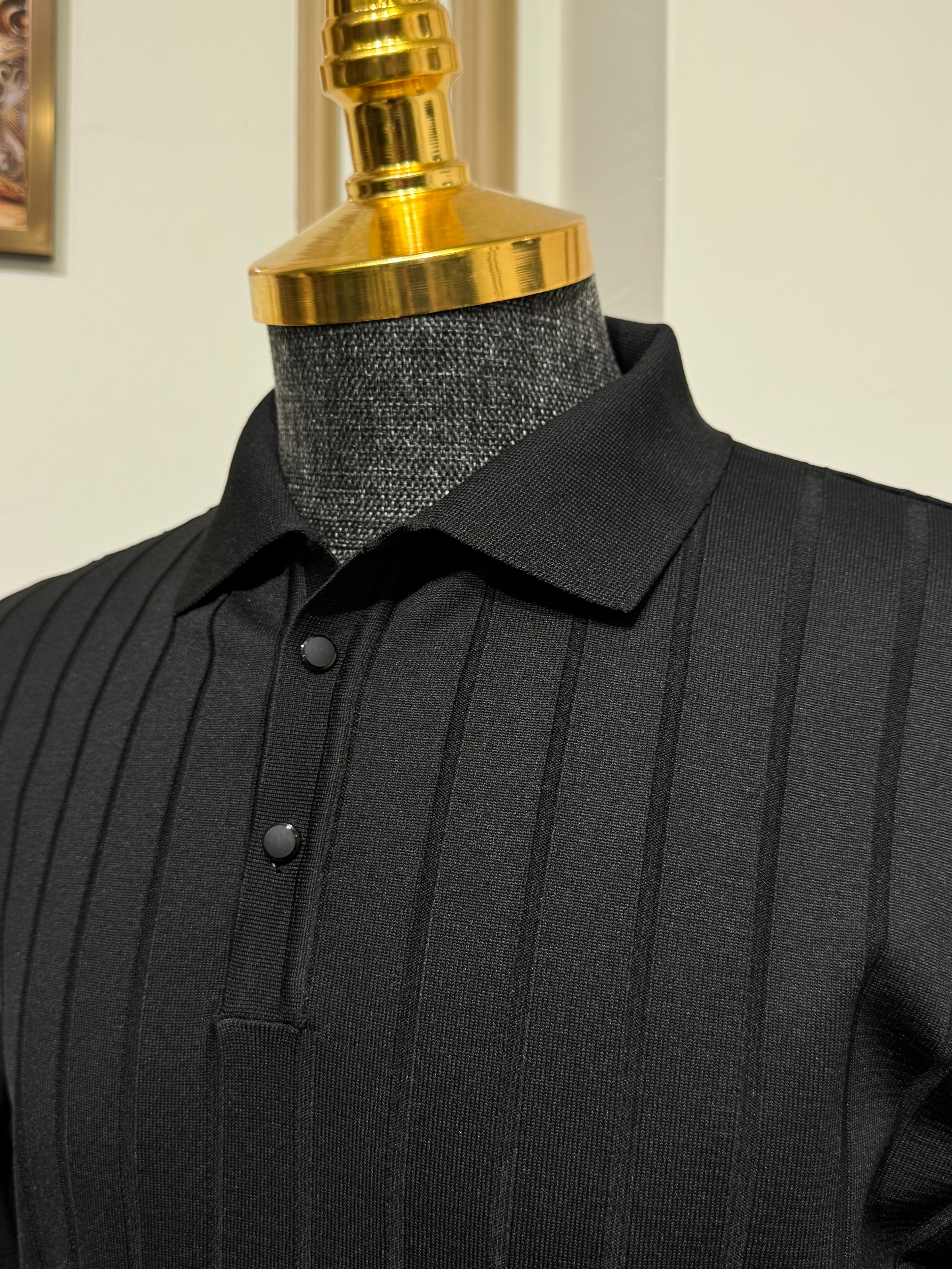 Slim Fit Çizgi Desenli Polo Yaka Triko Kazak  - Siyah