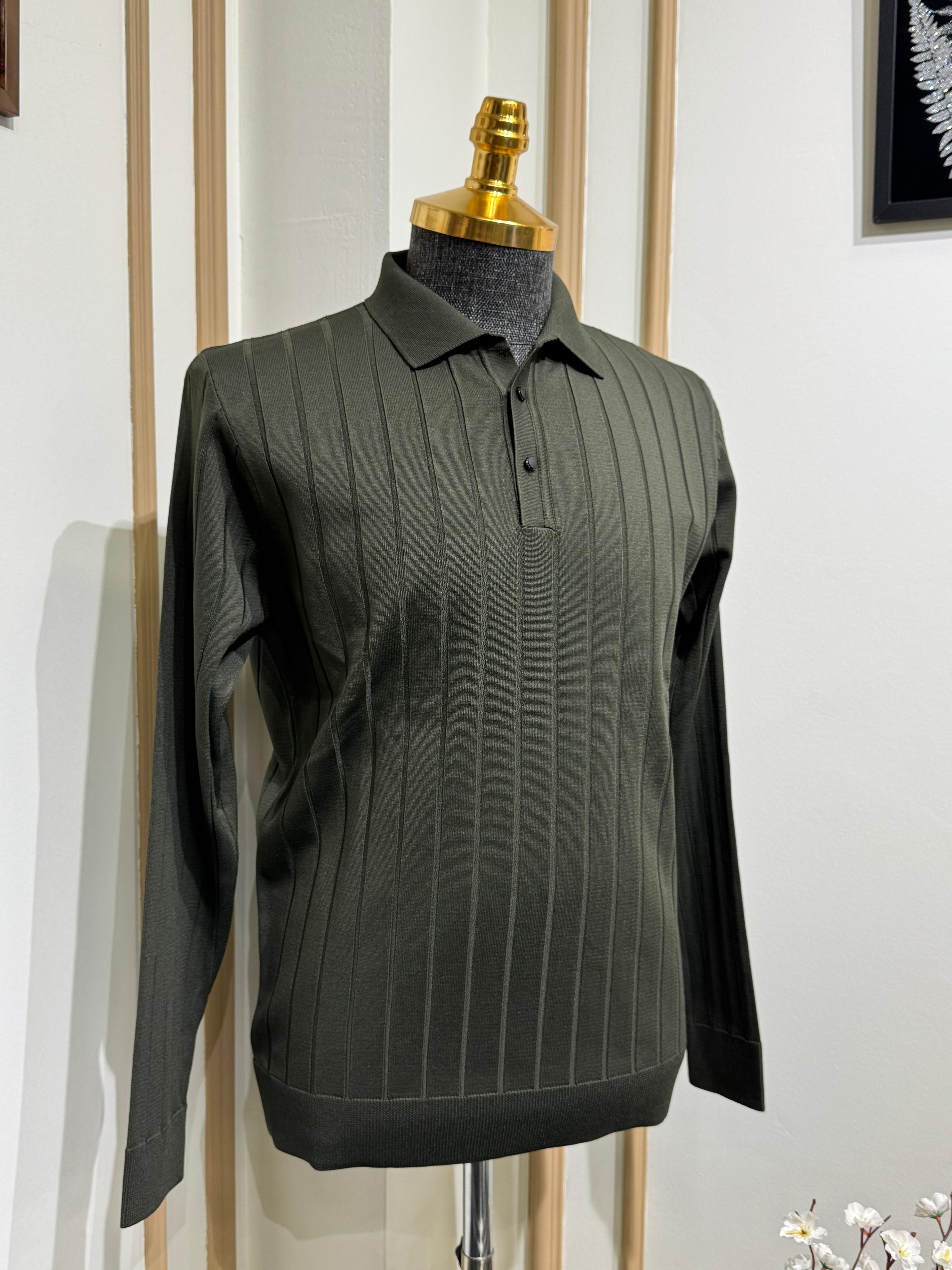 Slim Fit Çizgi Desenli Polo Yaka Triko Kazak  - Haki