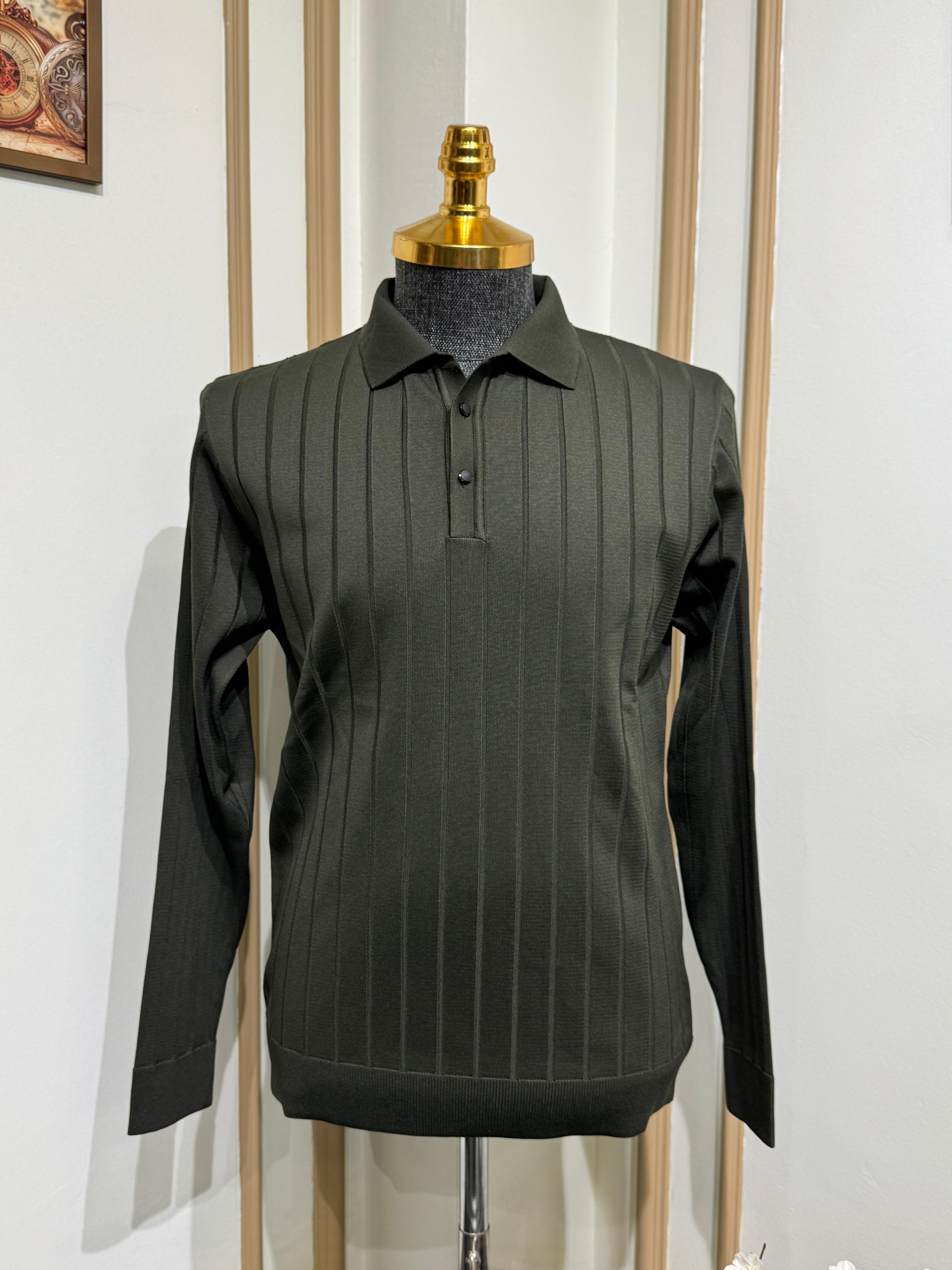 Slim Fit Çizgi Desenli Polo Yaka Triko Kazak  - Haki