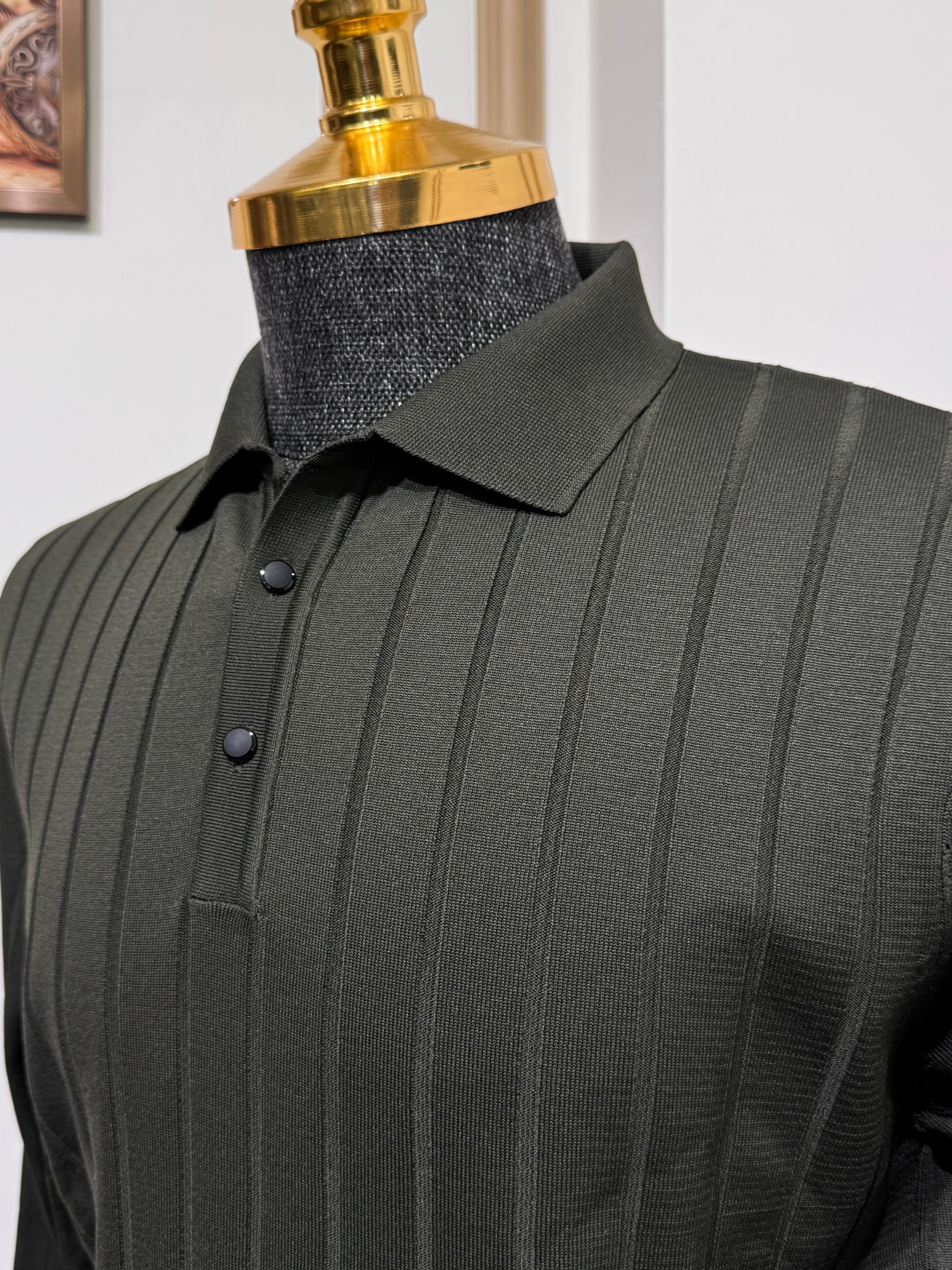 Slim Fit Çizgi Desenli Polo Yaka Triko Kazak  - Haki