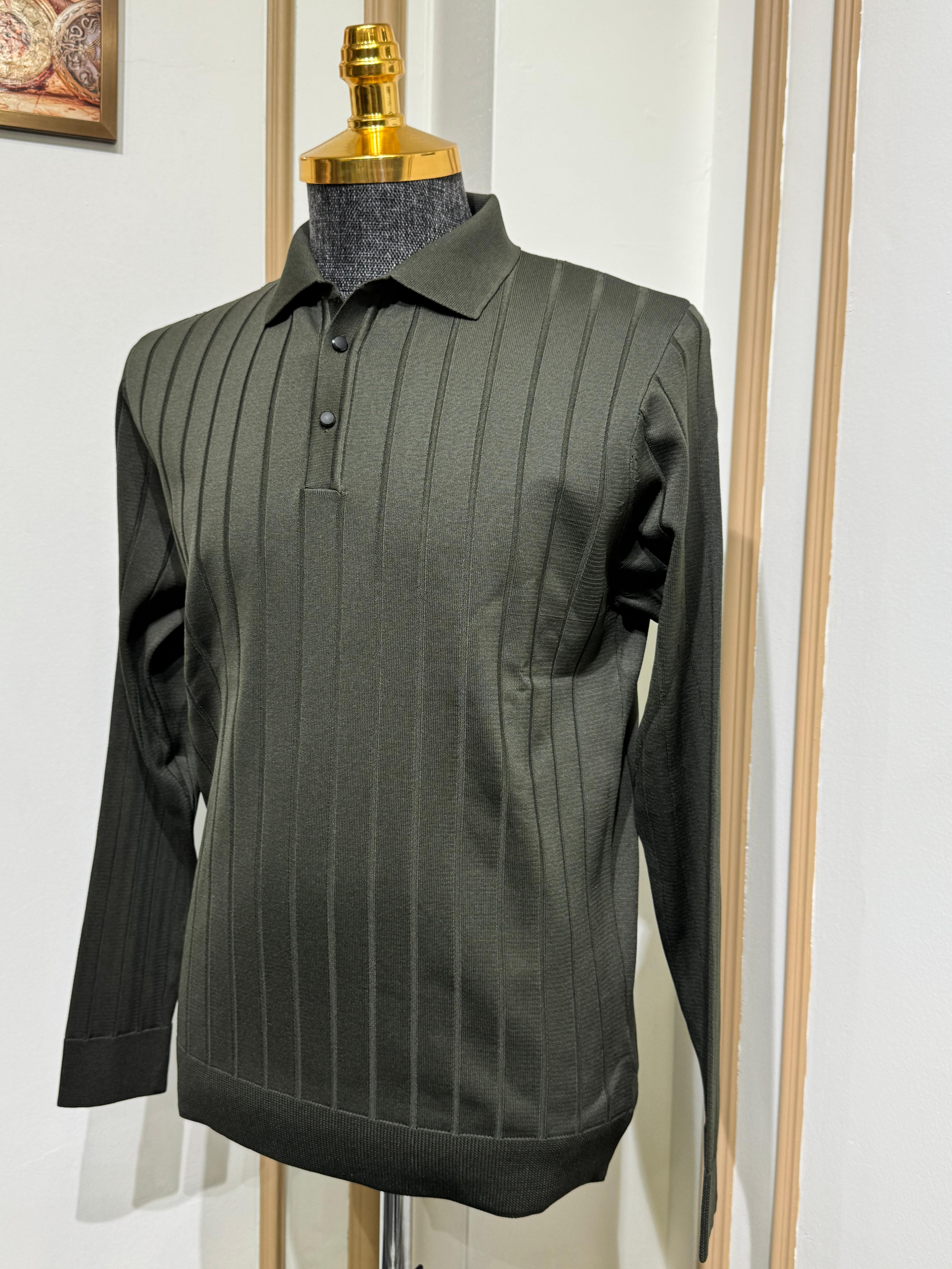 Slim Fit Çizgi Desenli Polo Yaka Triko Kazak  - Haki