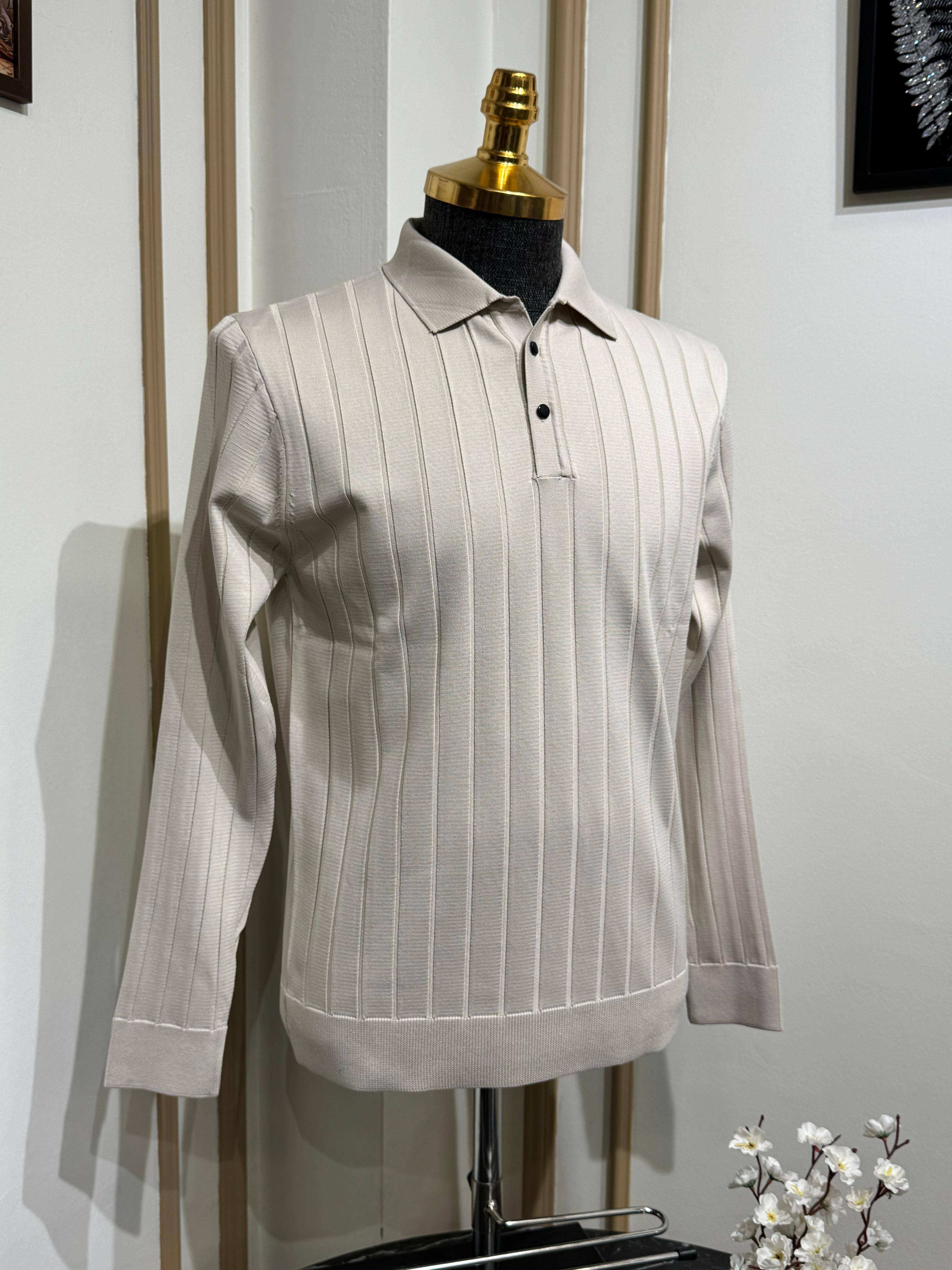 Slim Fit Çizgi Desenli Polo Yaka Triko Kazak  - Bej