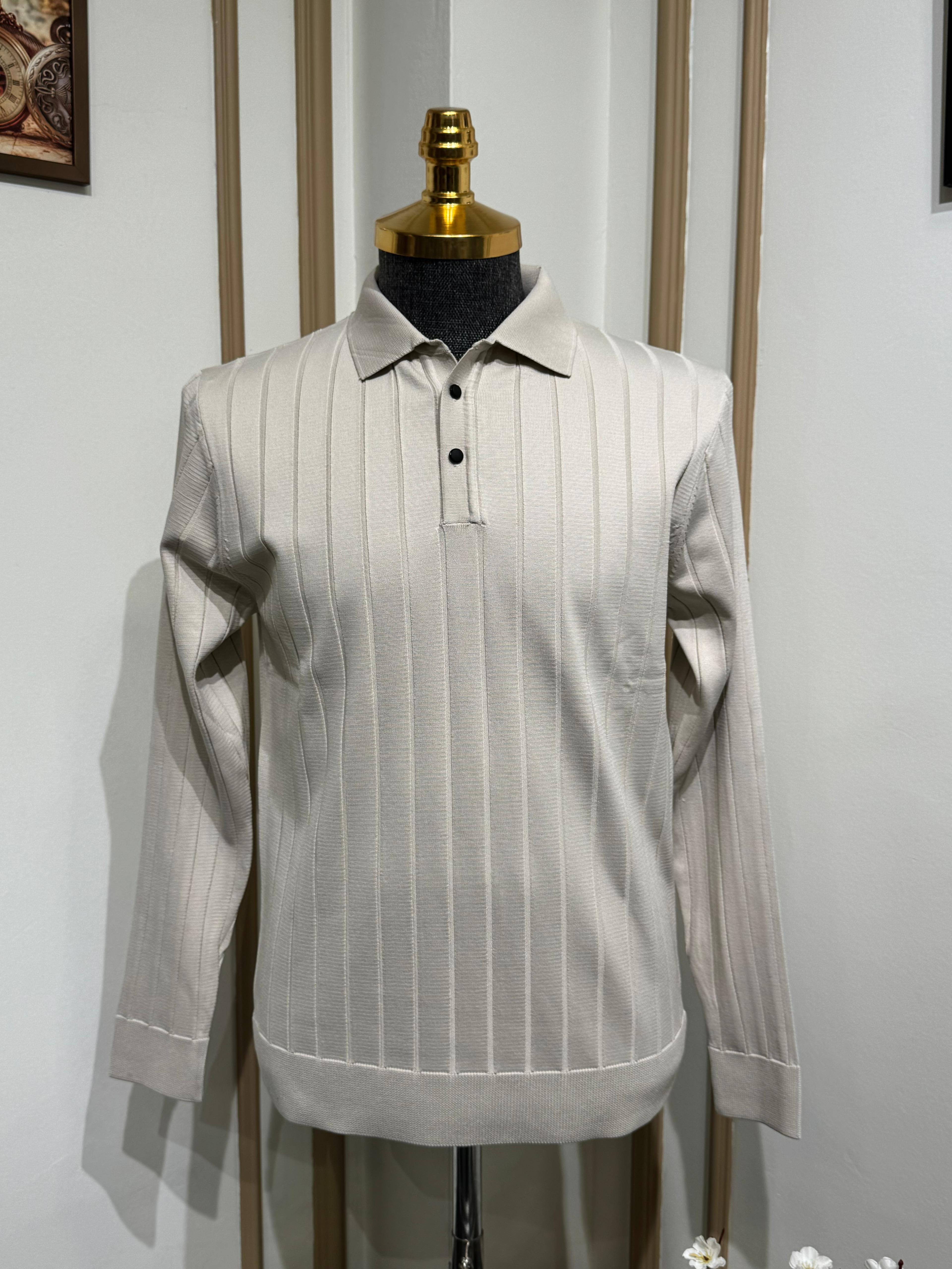 Slim Fit Çizgi Desenli Polo Yaka Triko Kazak  - Bej