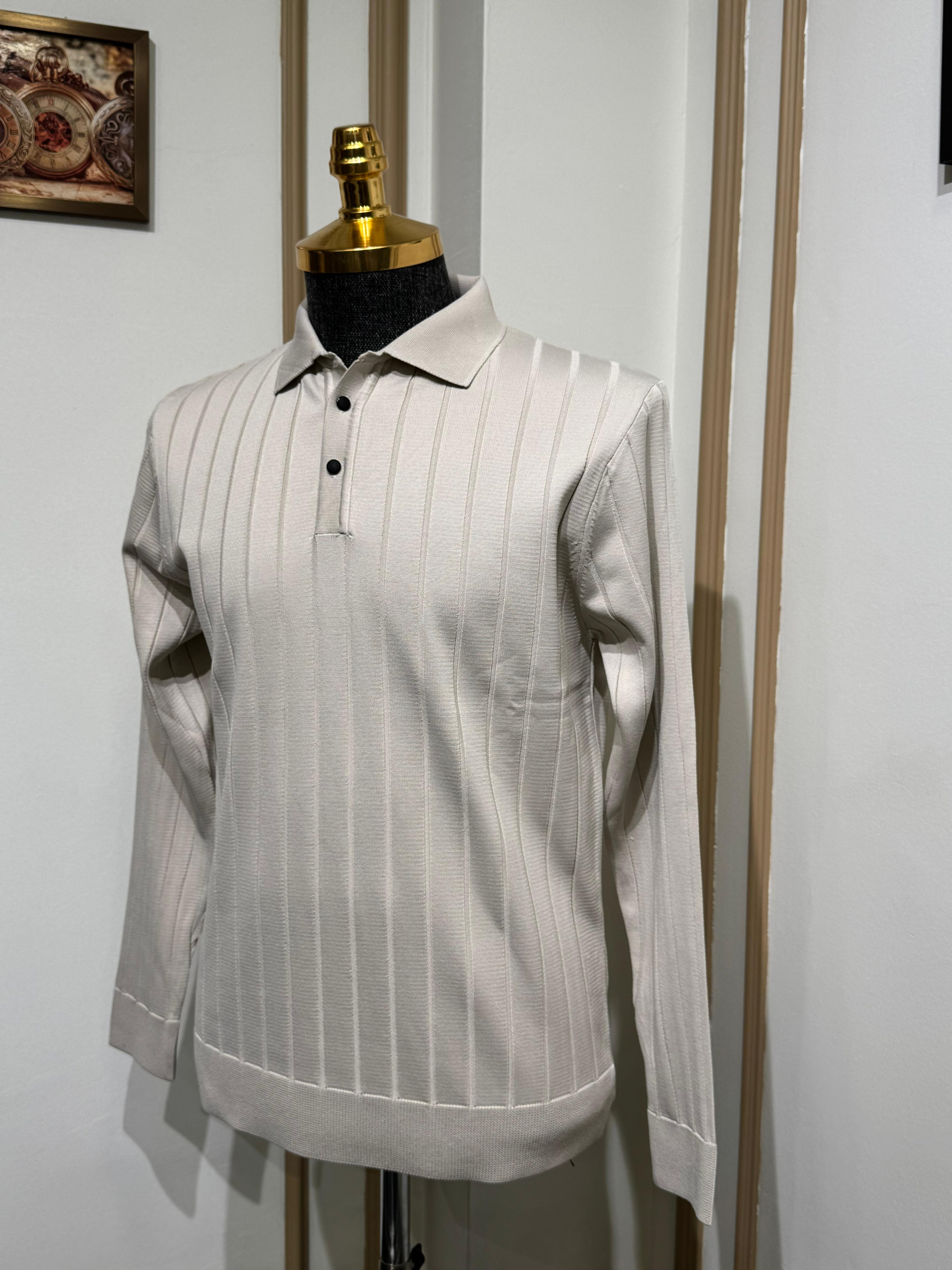 Slim Fit Çizgi Desenli Polo Yaka Triko Kazak  - Bej