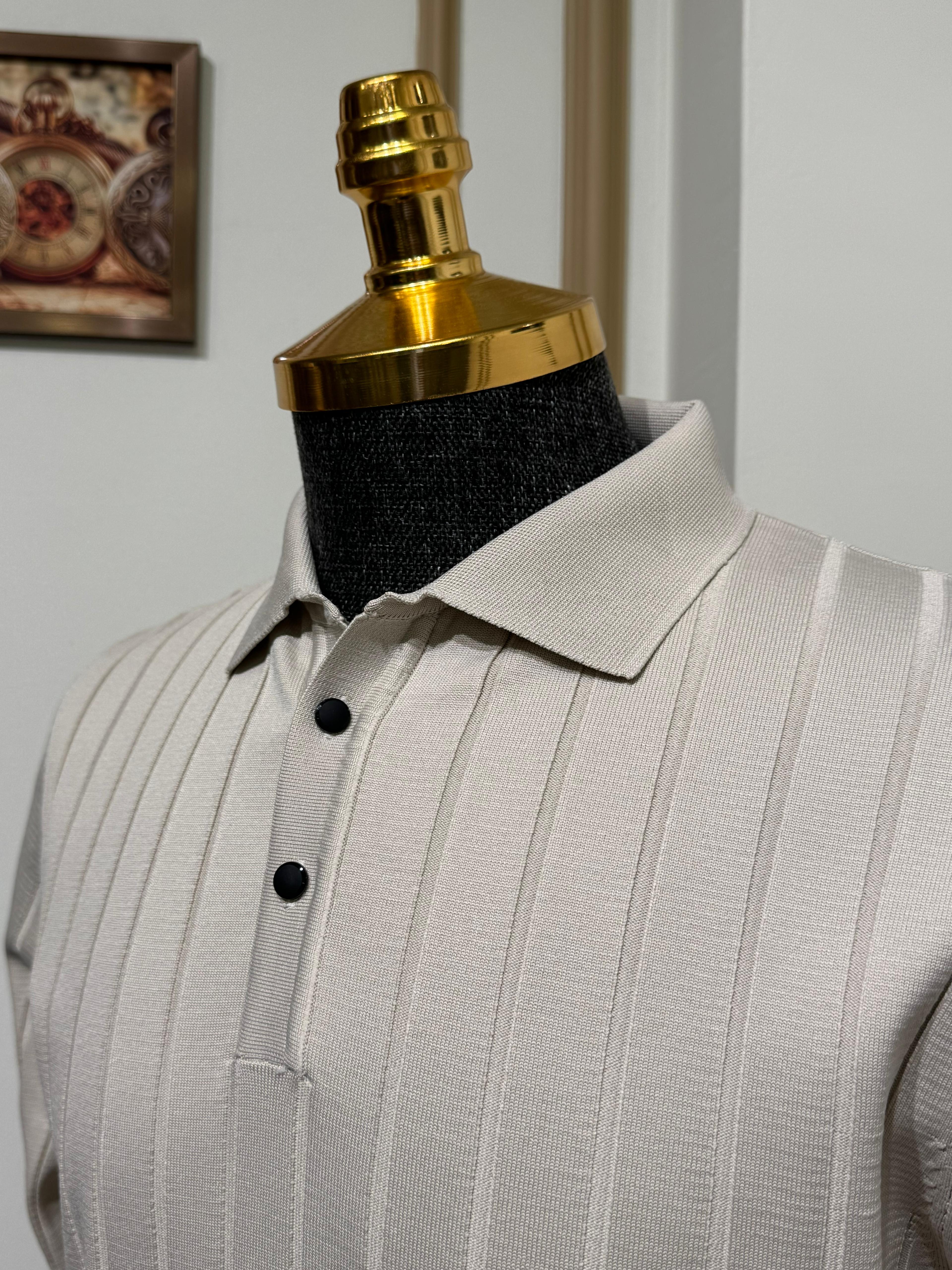 Slim Fit Çizgi Desenli Polo Yaka Triko Kazak  - Bej