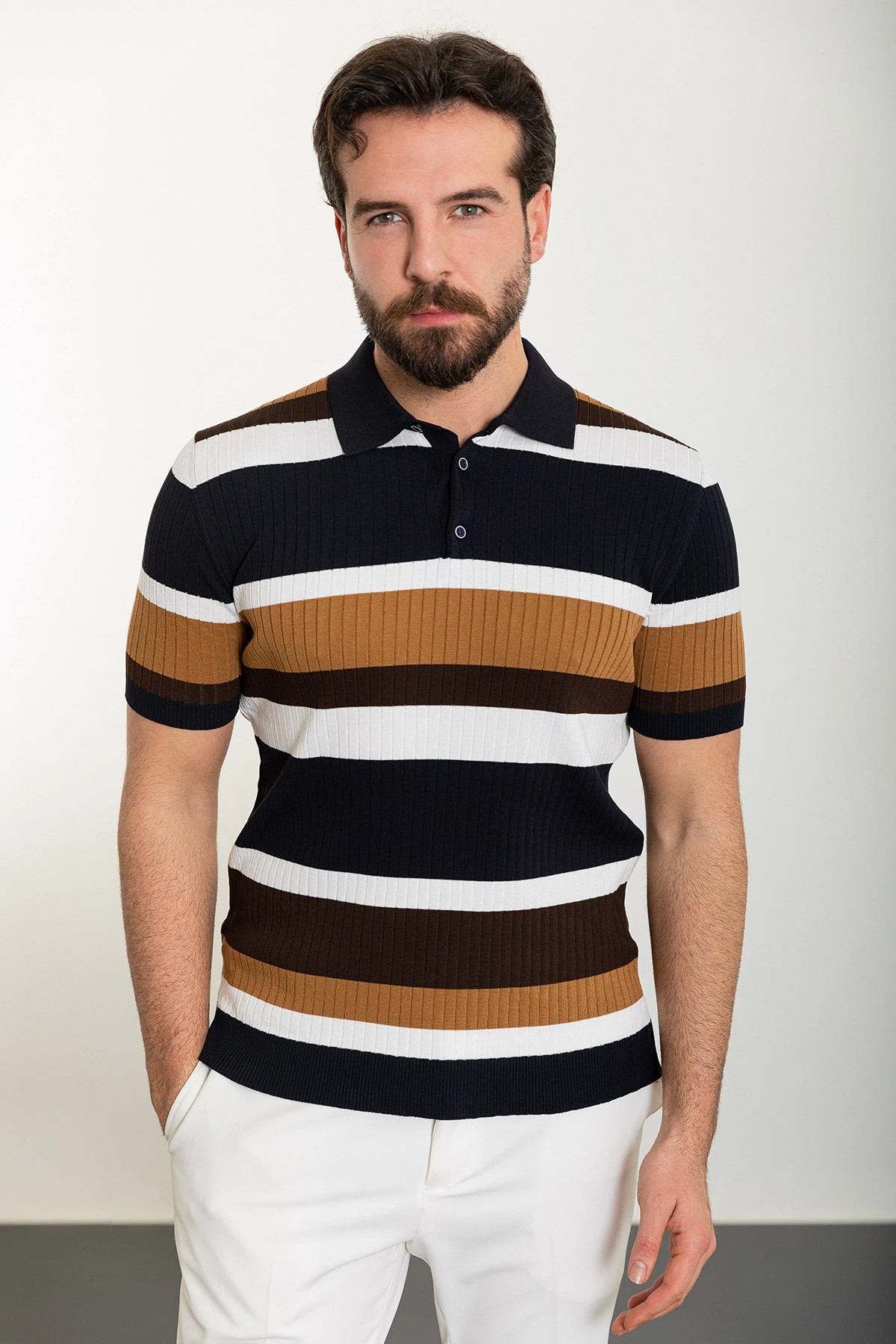 Çizgili Slim Fit Polo Yaka Erkek Triko T-Shirt - Lacivert