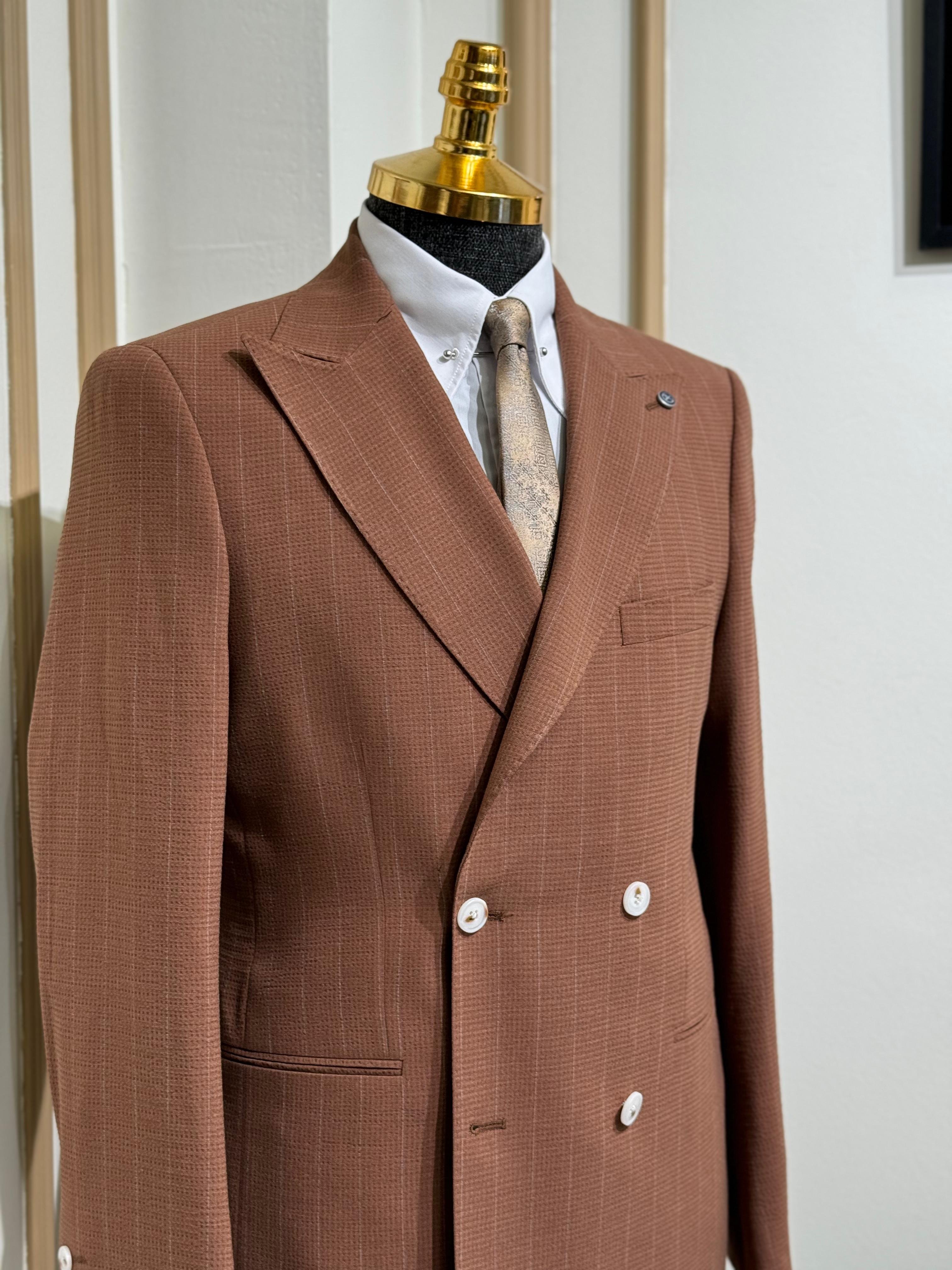 Yeni Sezon Slim Fit Çizgili Kruvaze Takım Elbise 