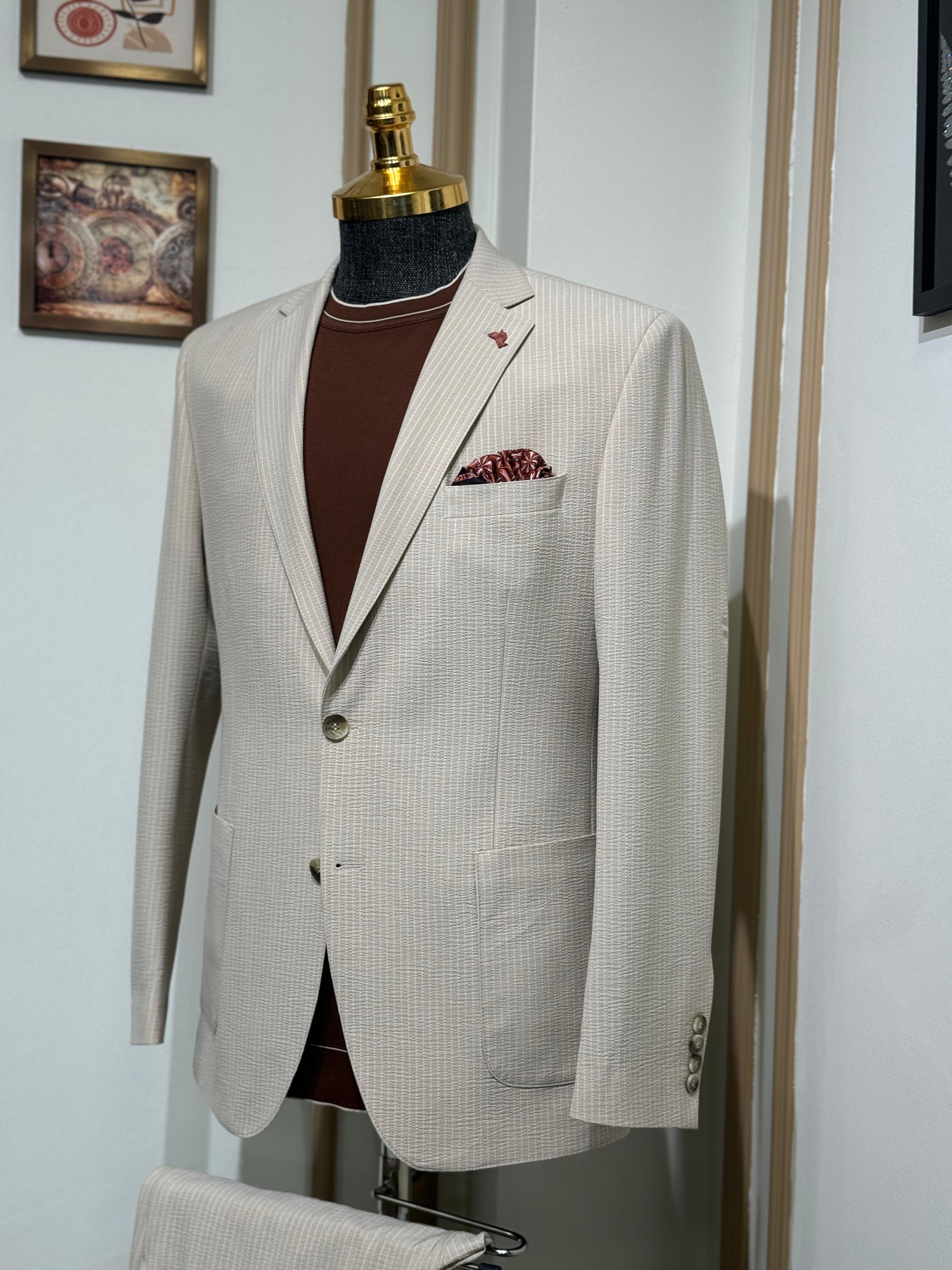 Çizgili Slim Fit Gofre Kumaş Takım Elbiise 