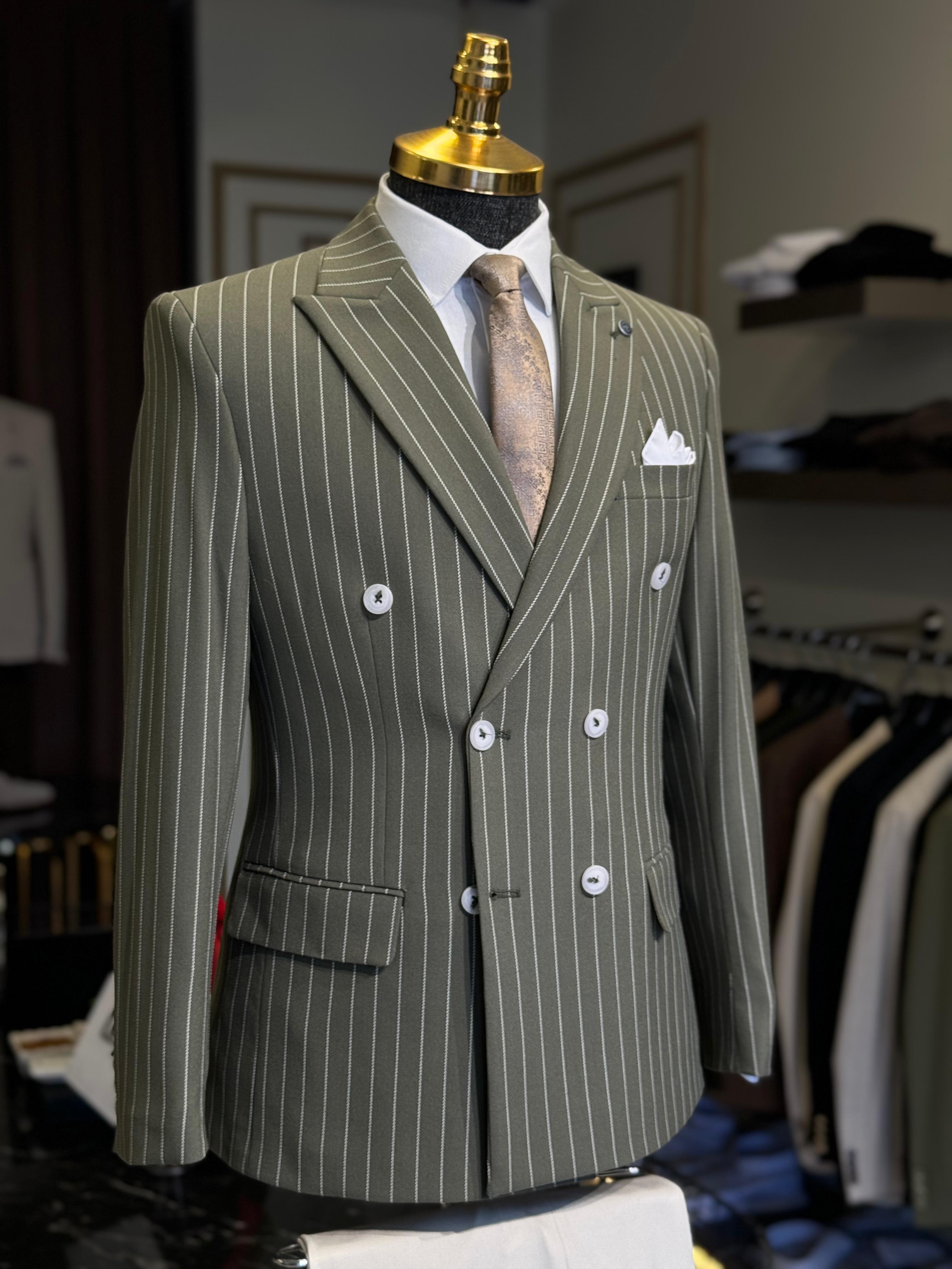 Slim Fit Çizgili İtalyan Kesim Kruvaze Takım Elbise  - Haki