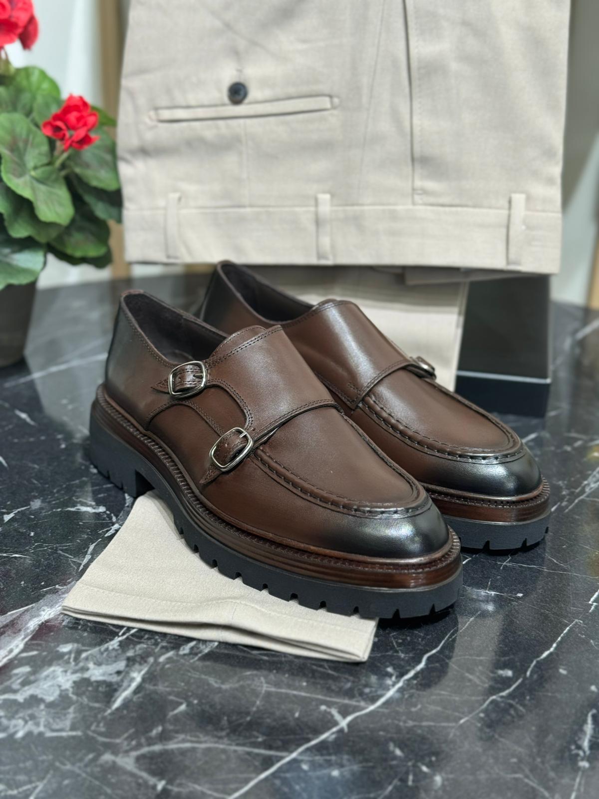 Çift Toka Detaylı Eva Taban Hakiki Dana Deri Casual Ayakkabı - Kahverengi