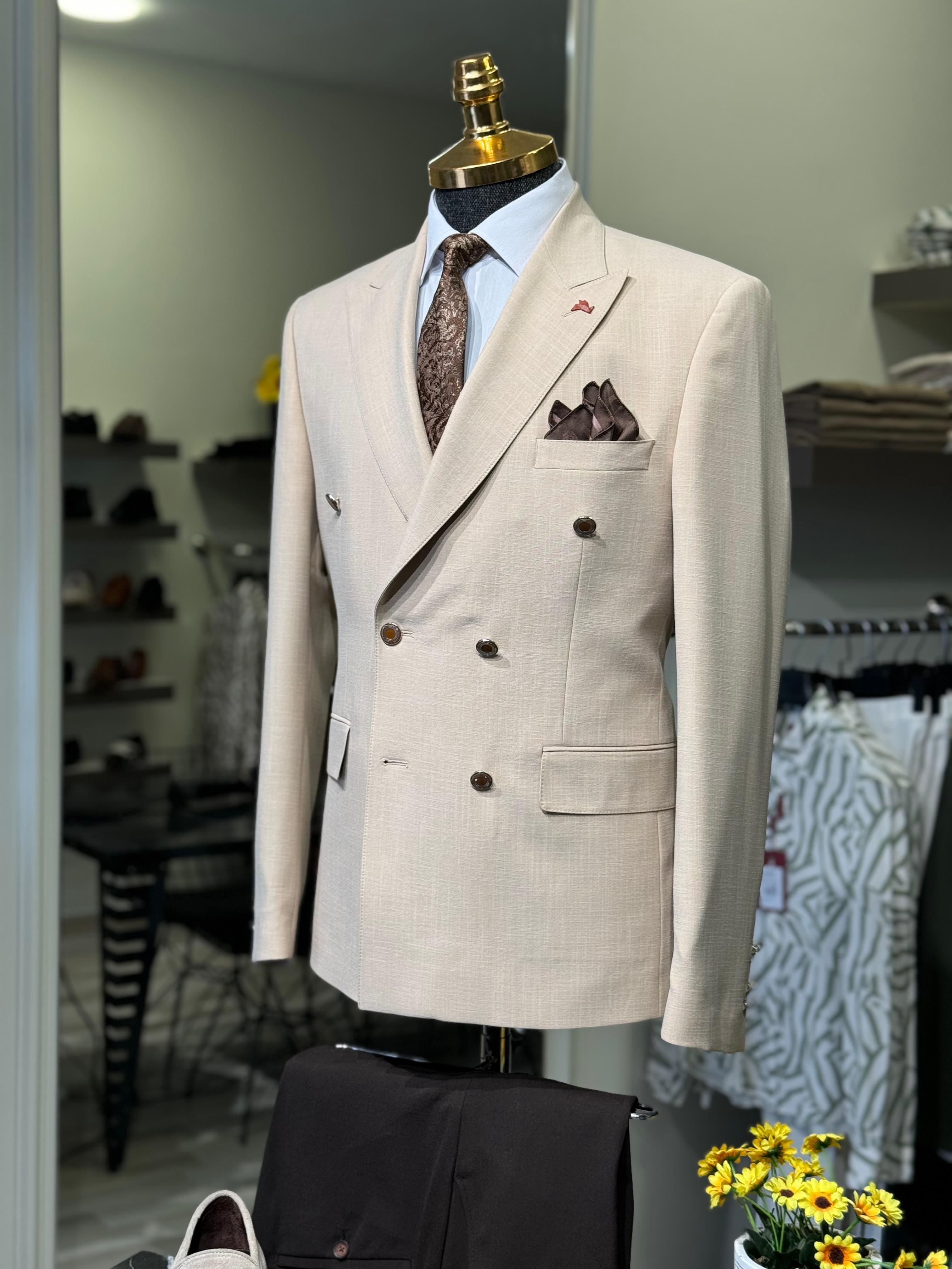 Düz Slim Fit Kruvaze Takım Elbise  - Bej