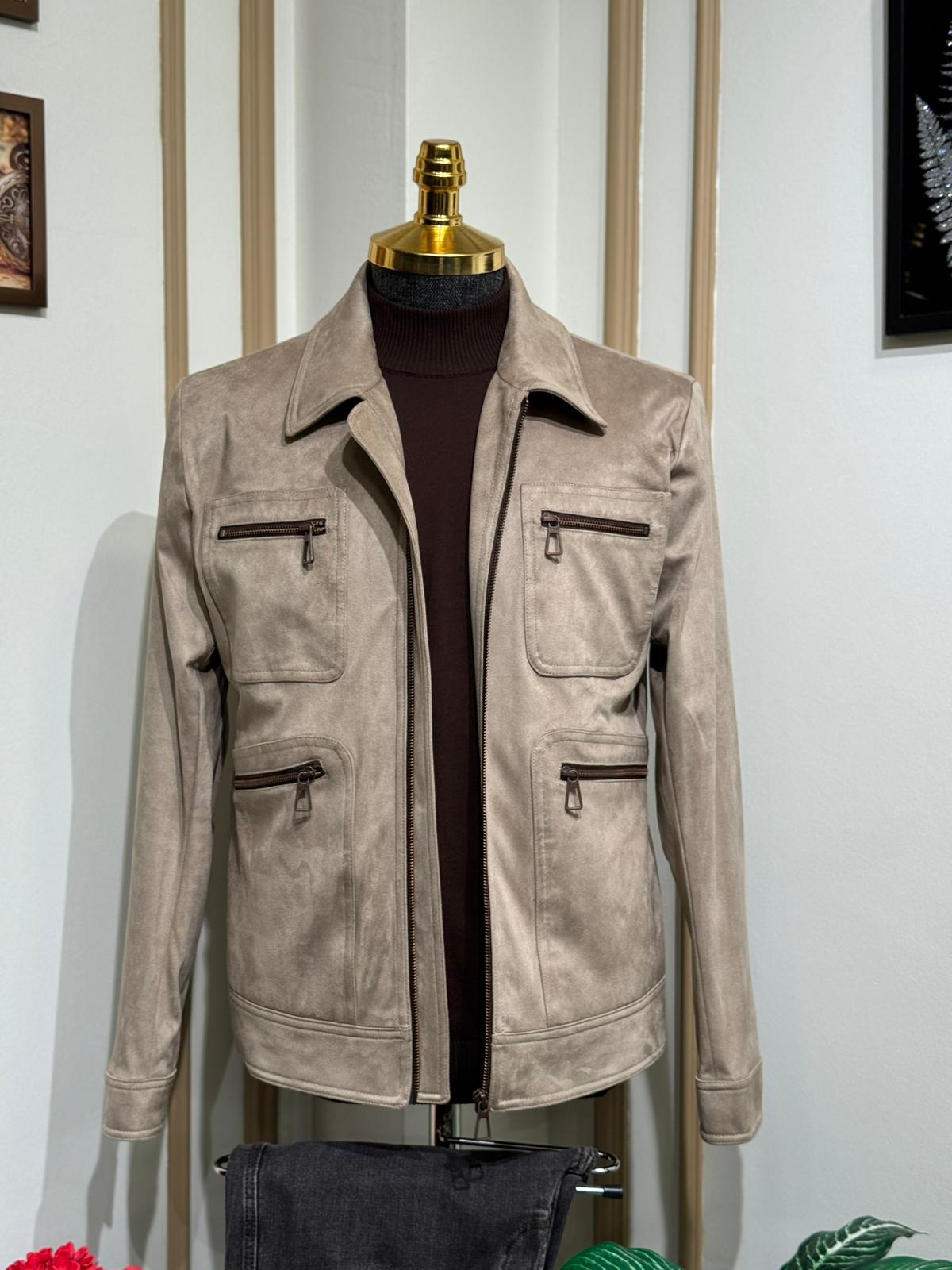 Slim Fit Gömlek Yaka %100 Nubuk Mont   - Bej