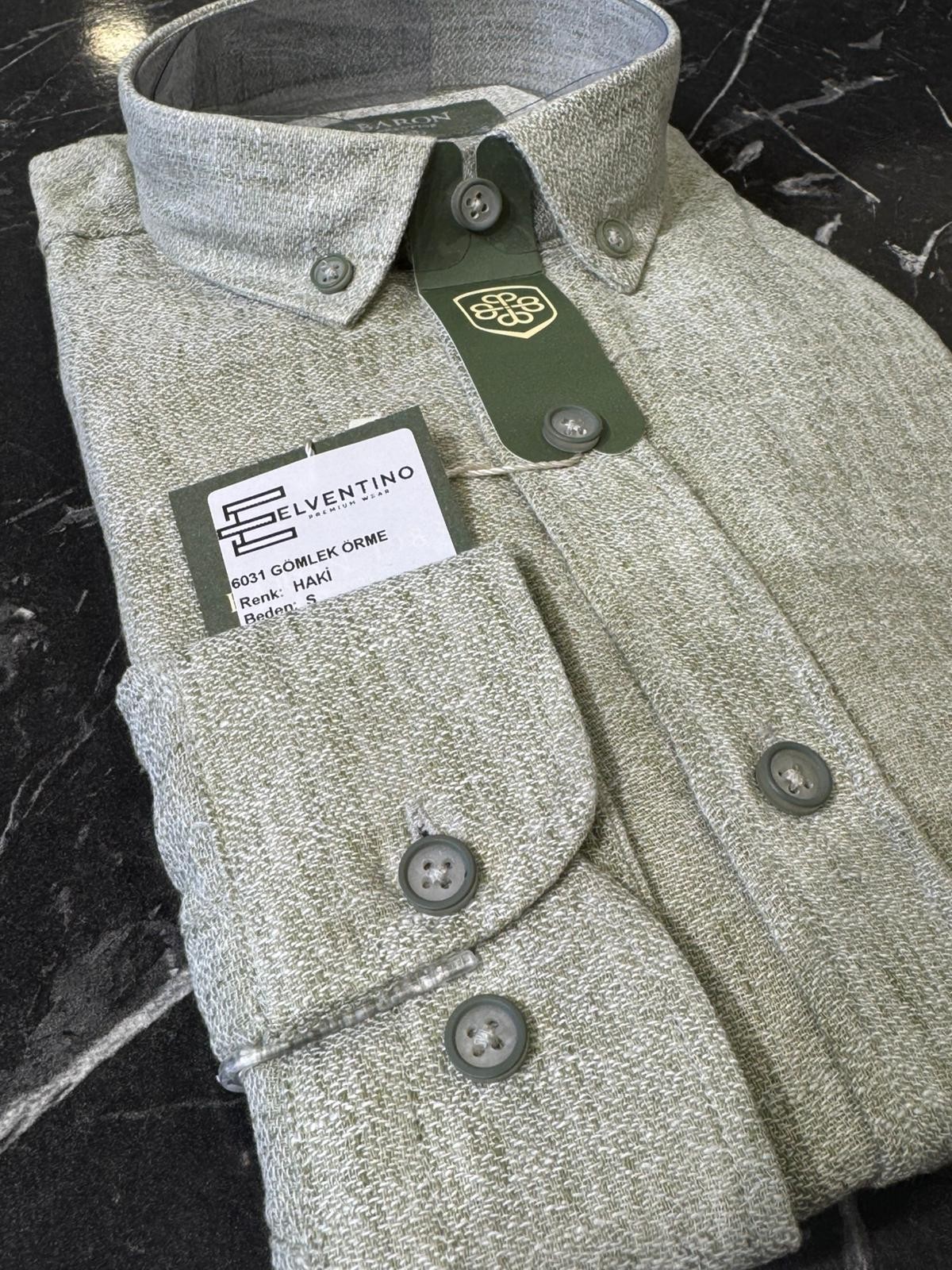 Slim Fit Uzun Kollu Keten Gömlek - Haki