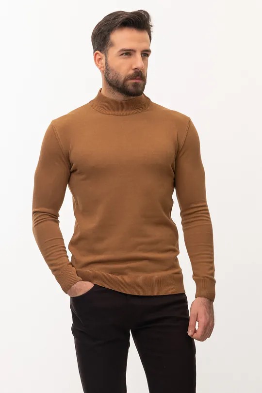 Düz Slim Fit Erkek Yarım Balıkçı Yaka Kazak - Camel