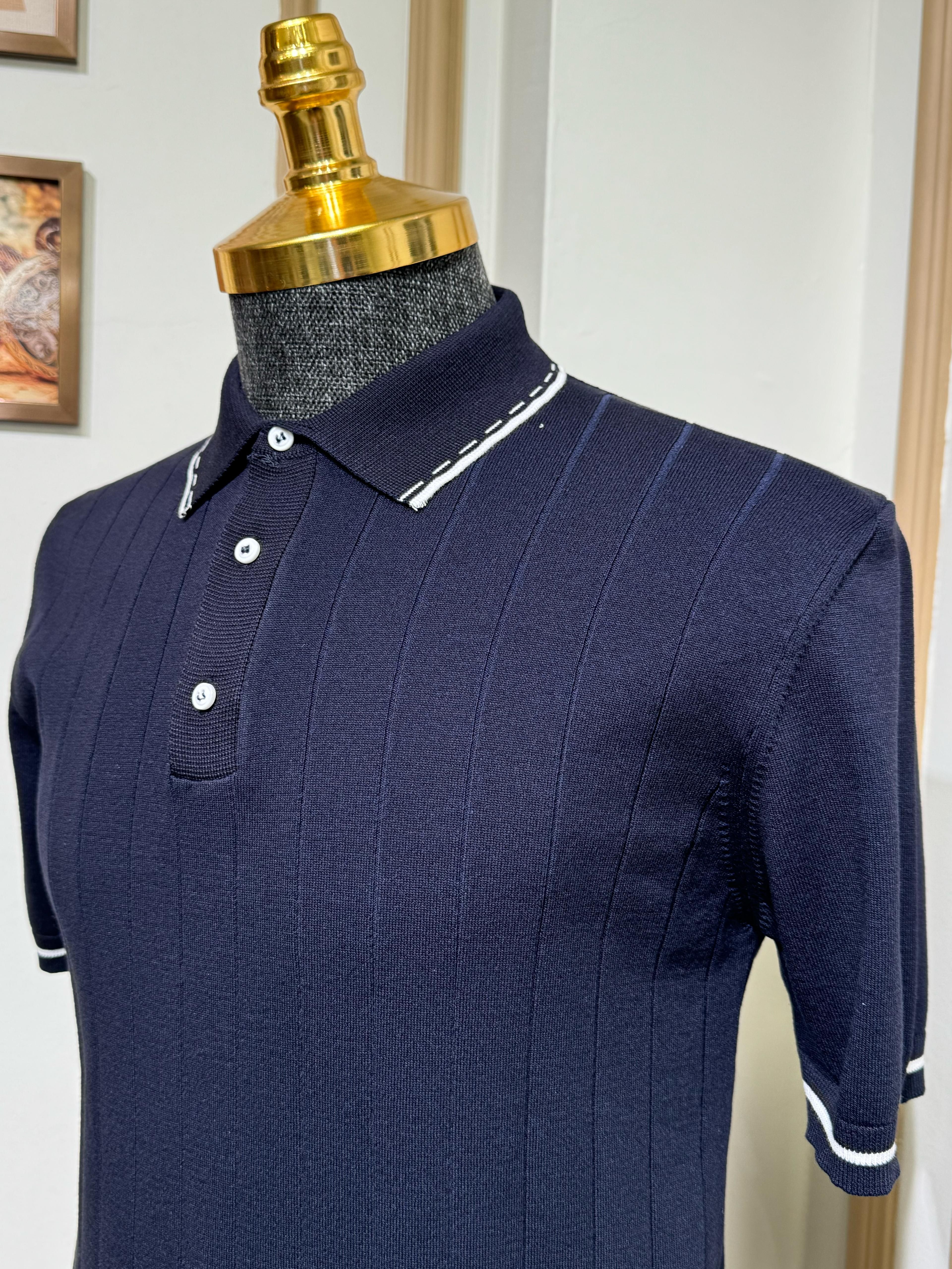 Çizgili Slim Fit Polo Yaka Triko T-Shirt - Lacivert