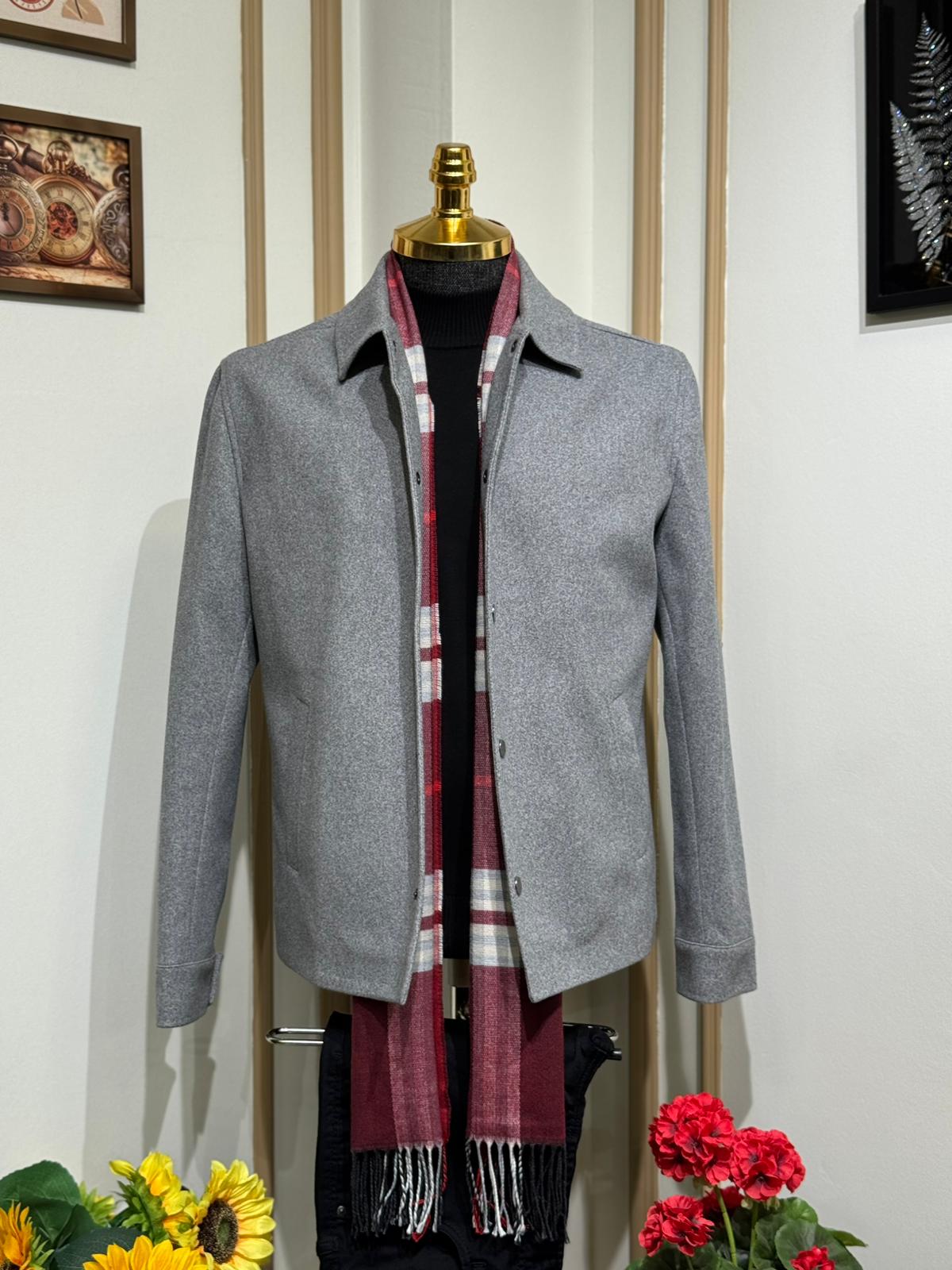 Slim Fit Gömlek Yaka Yün Kaşe Mont  - Gri