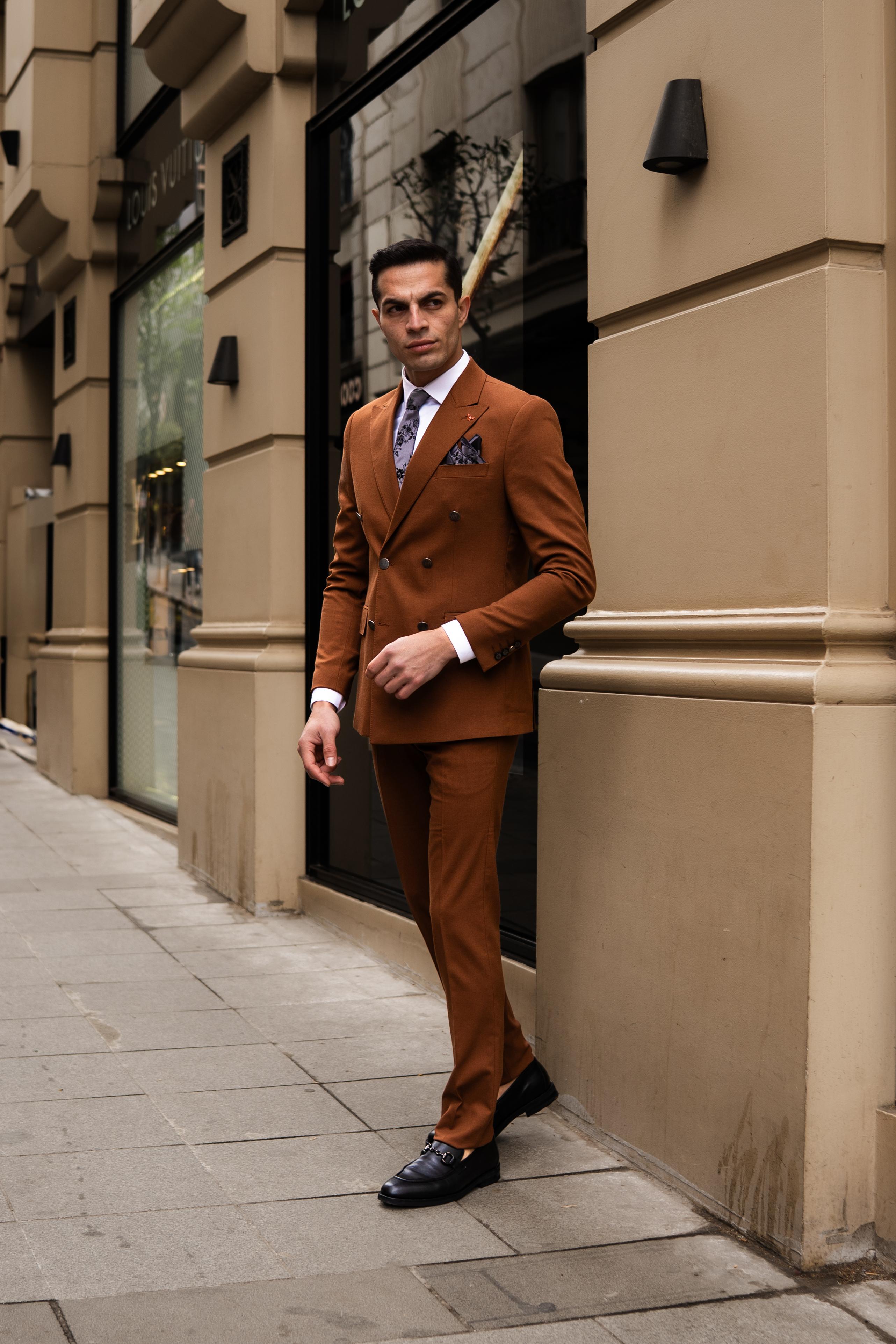 Duz Slim Fit Kırlangıc Yaka Kruvaze Erkek Takım Elbise 