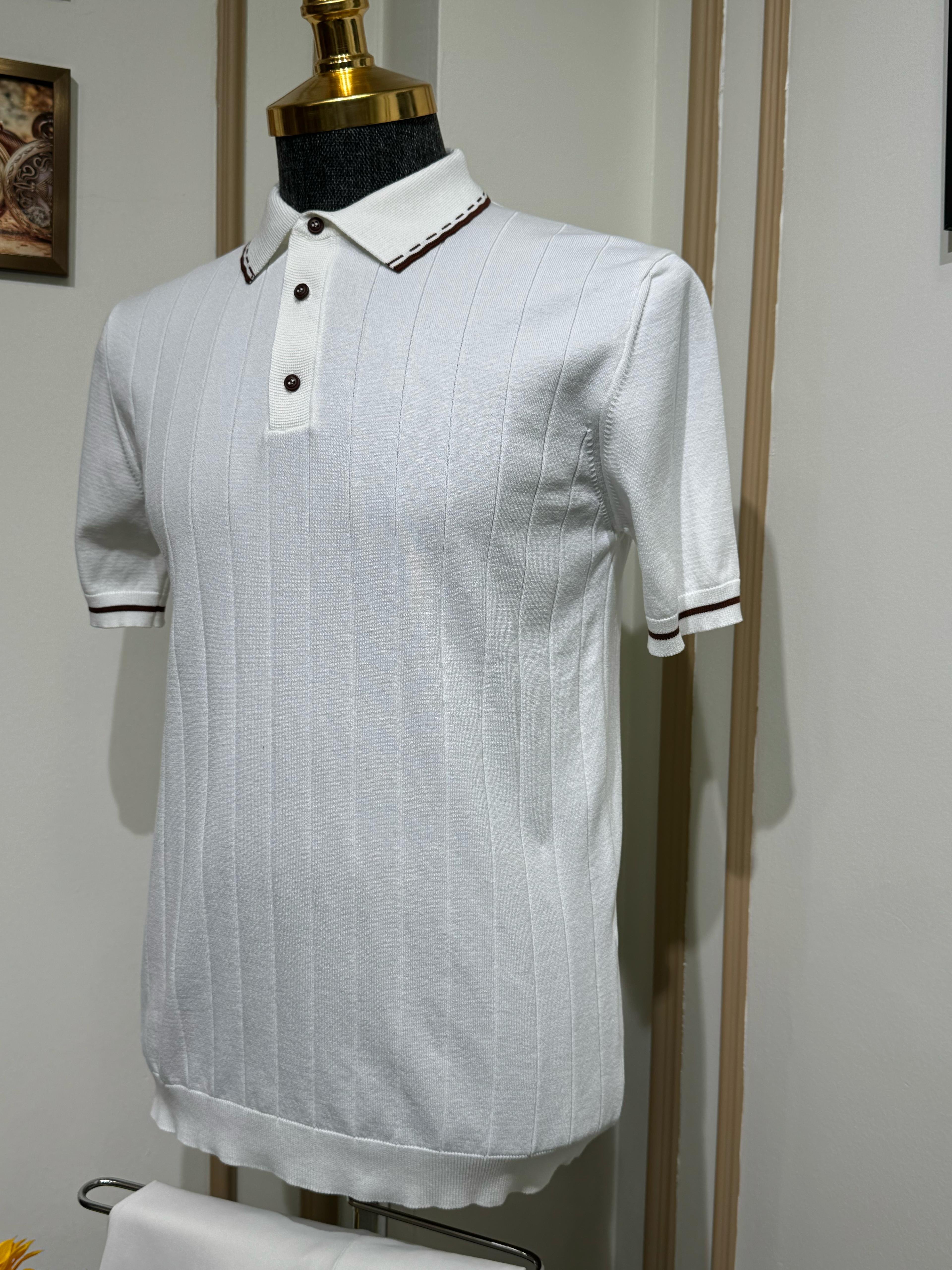 Çizgili Slim Fit Polo Yaka Triko T-Shirt - Beyaz