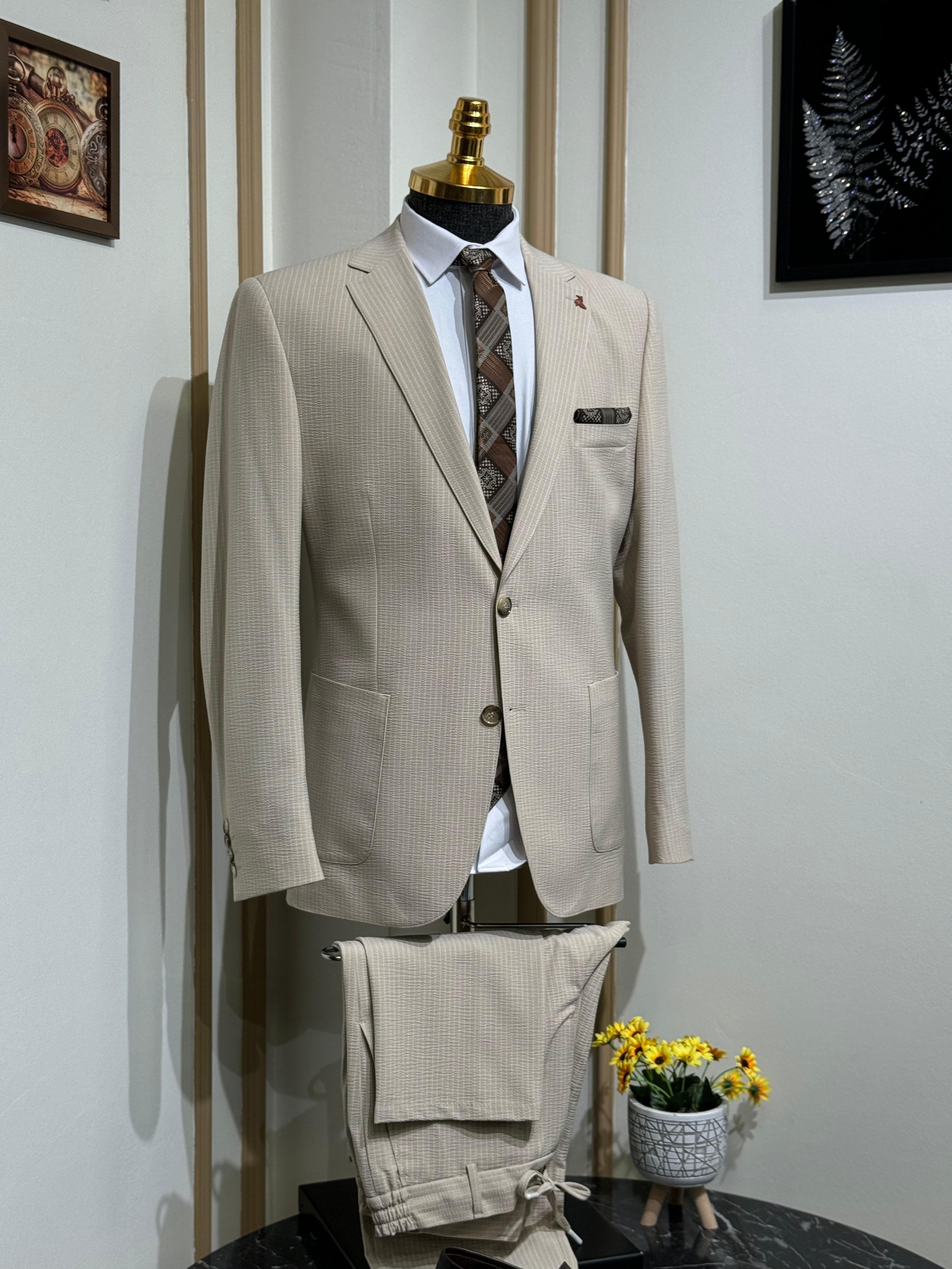 Çizgili Slim Fit Gofre Kumaş Takım Elbiise 