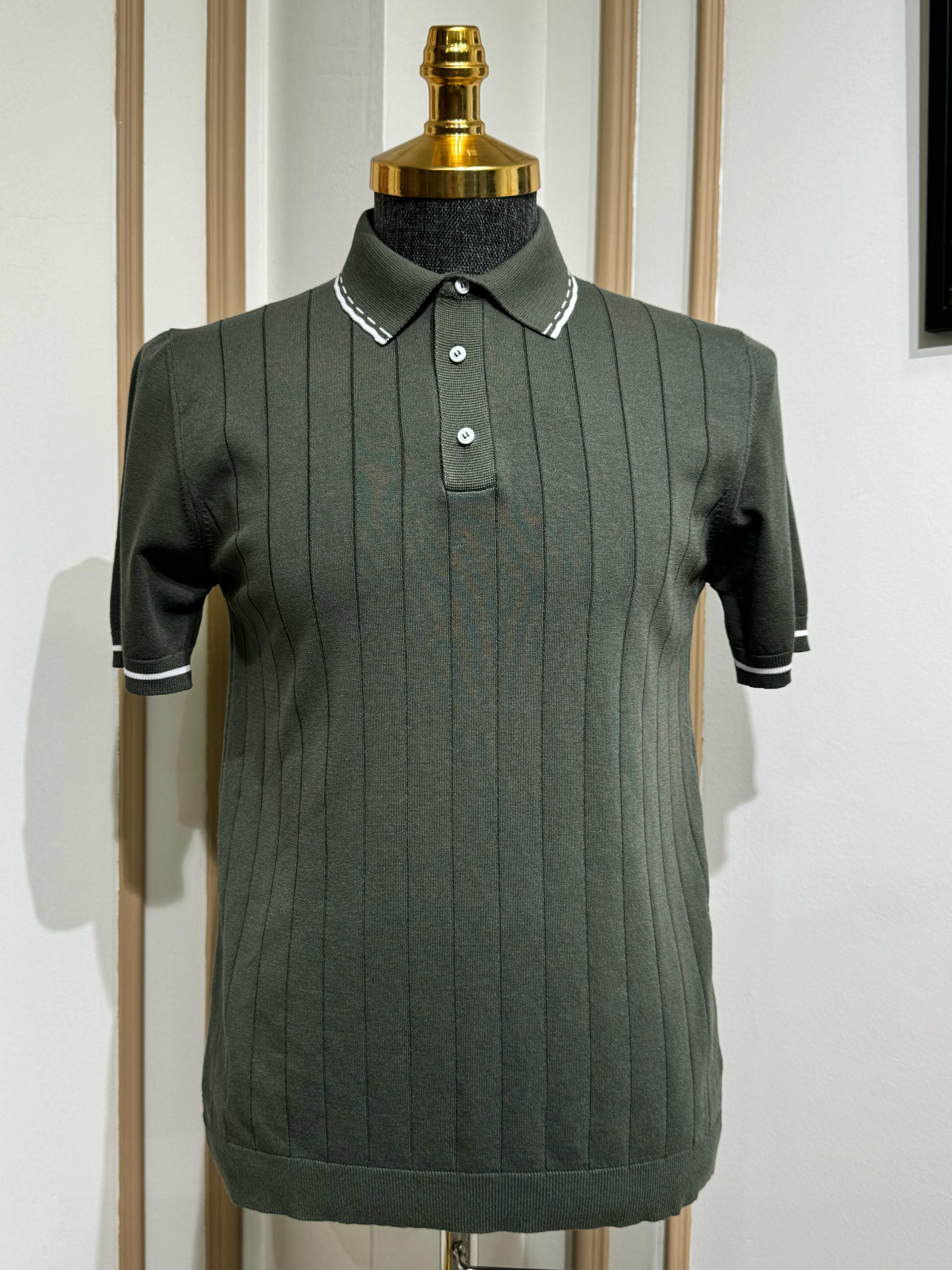 Çizgili Slim Fit Polo Yaka Triko T-Shirt - Haki