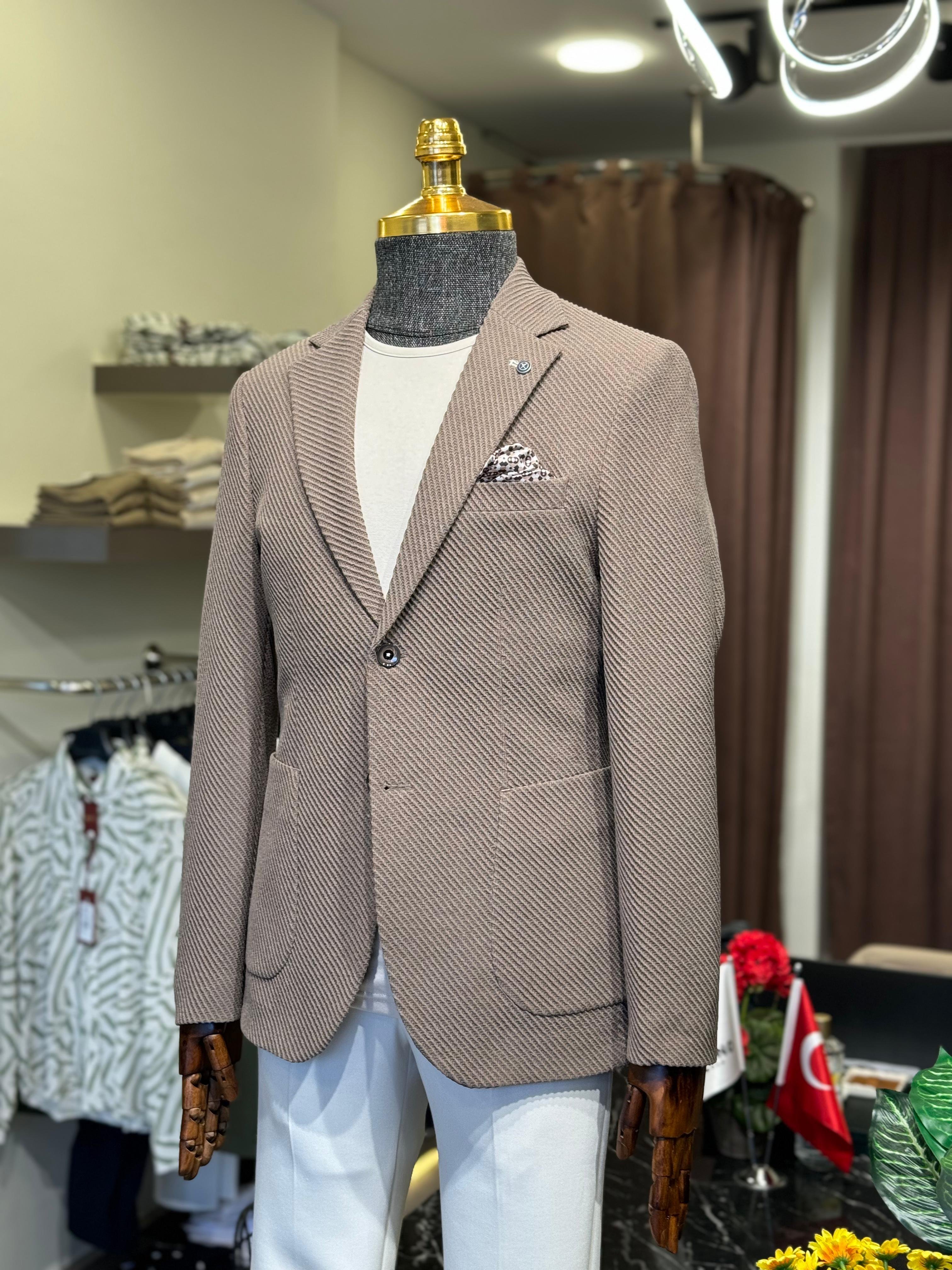 Slim Fit Kendinden Desenli Mono Yaka Takım Elbise