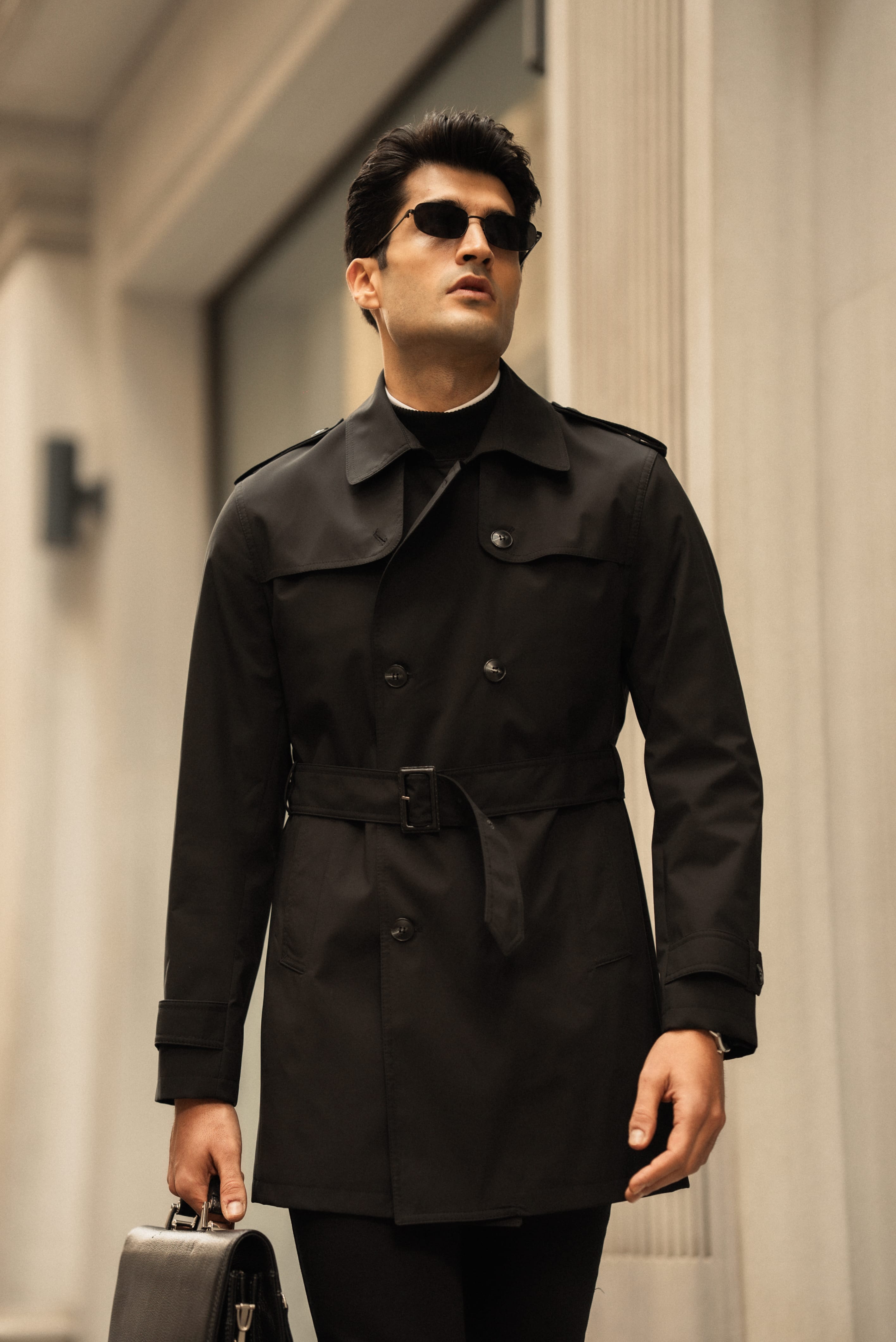 Düz Slim Fit Kemerli Trenchcoat