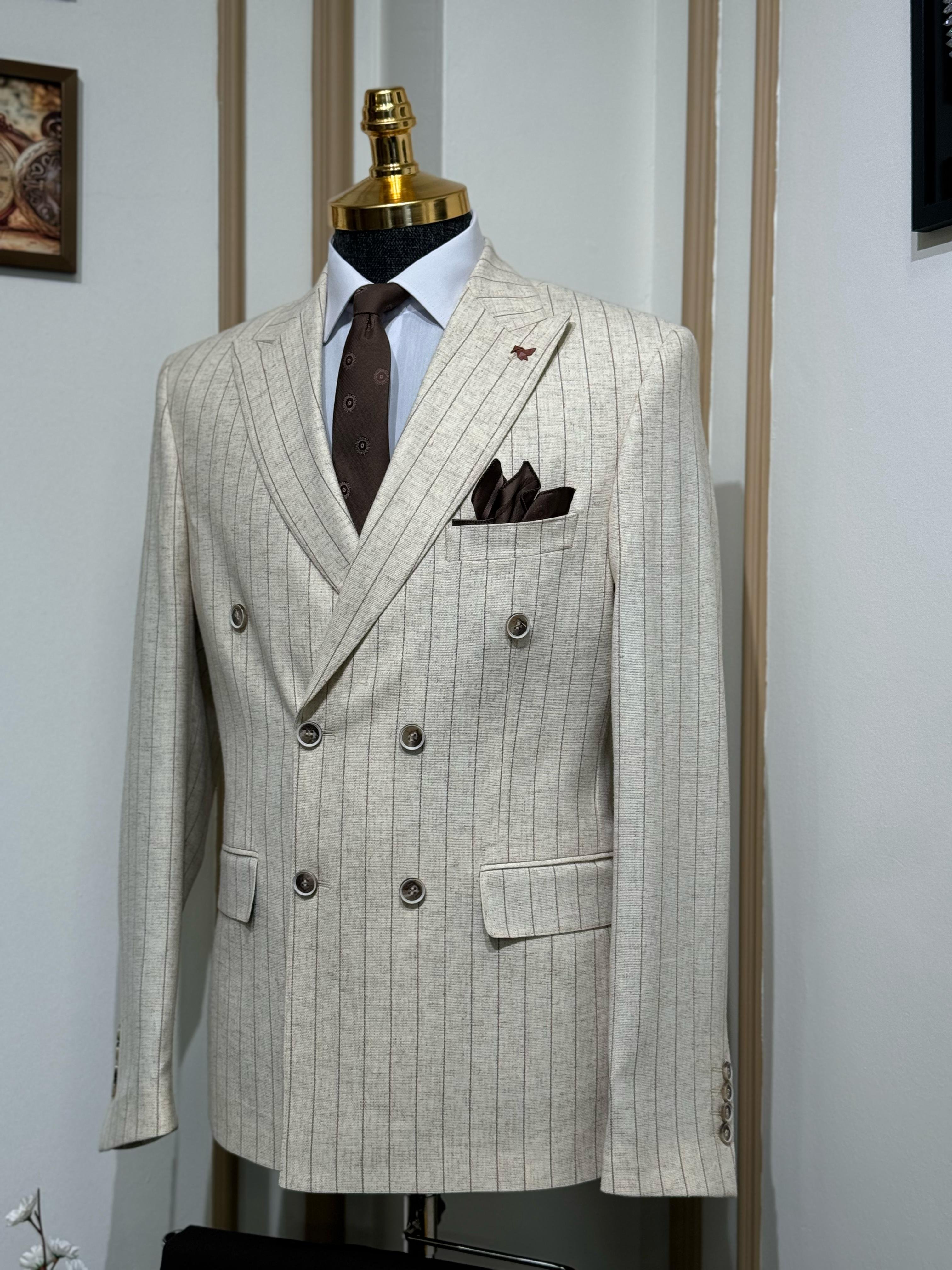 Çizgili Slim Fit Geniş Yaka Kruvaze Keten Ceket