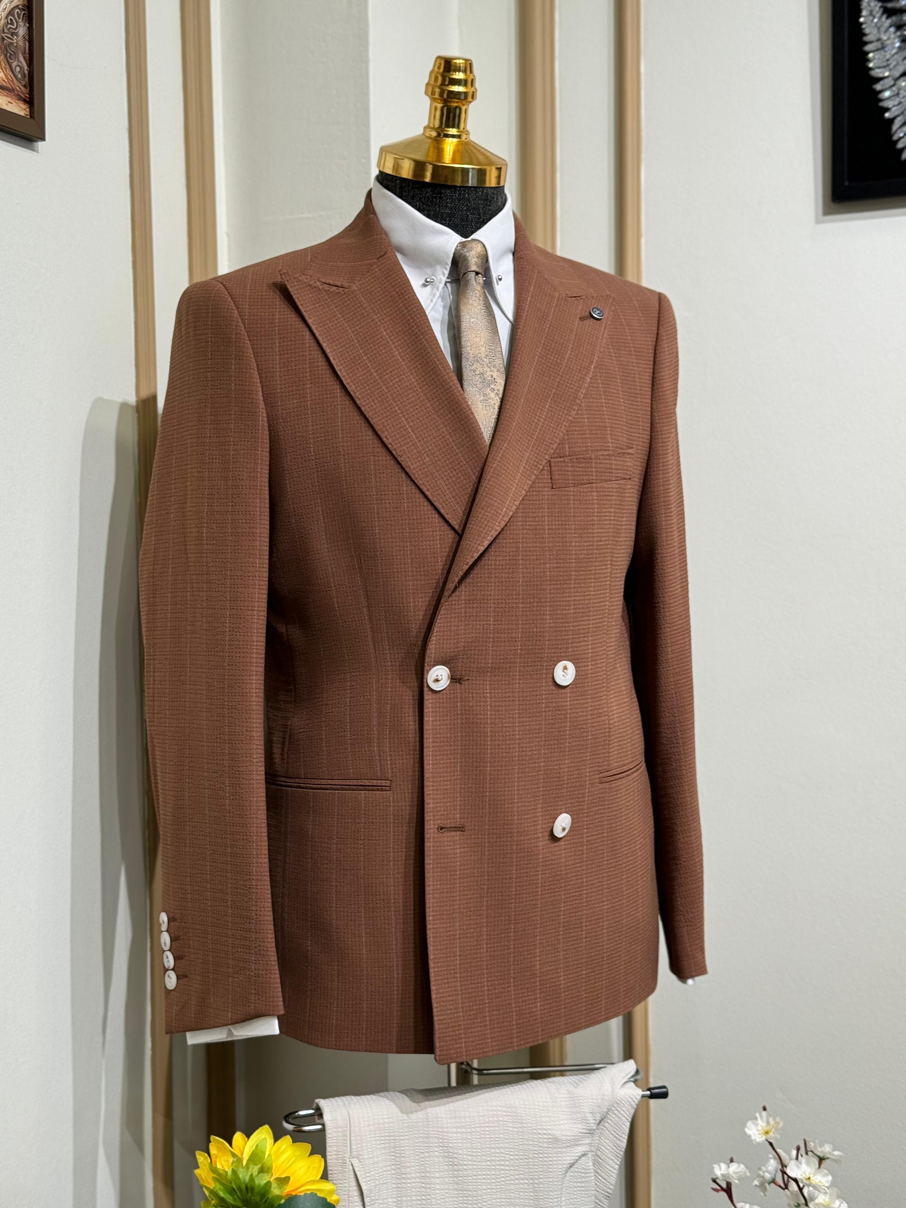 Yeni Sezon Slim Fit Çizgili Kruvaze Takım Elbise 