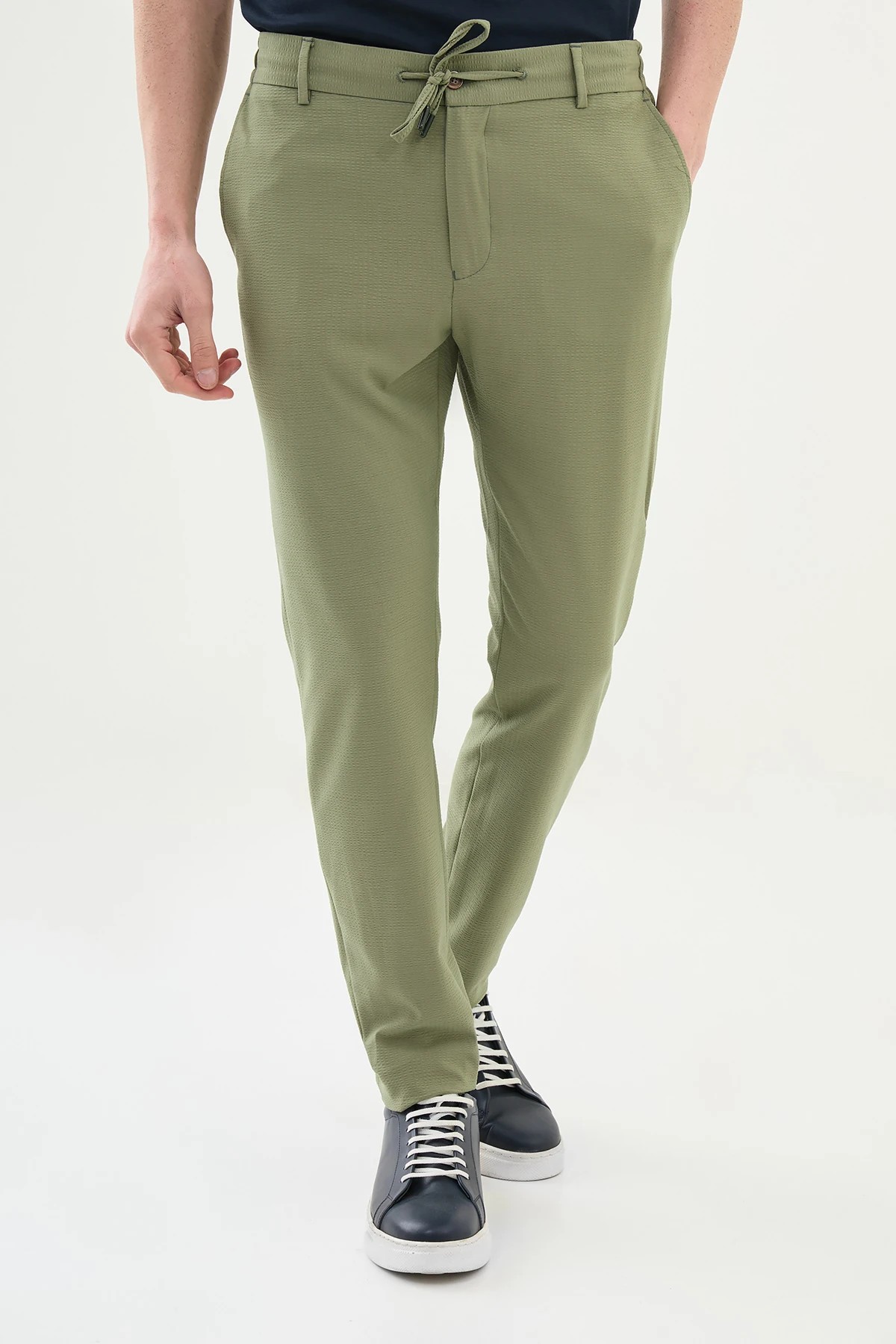 Gofreli Slim Fit Beli Lastikli İpli  Pantolon  - Haki
