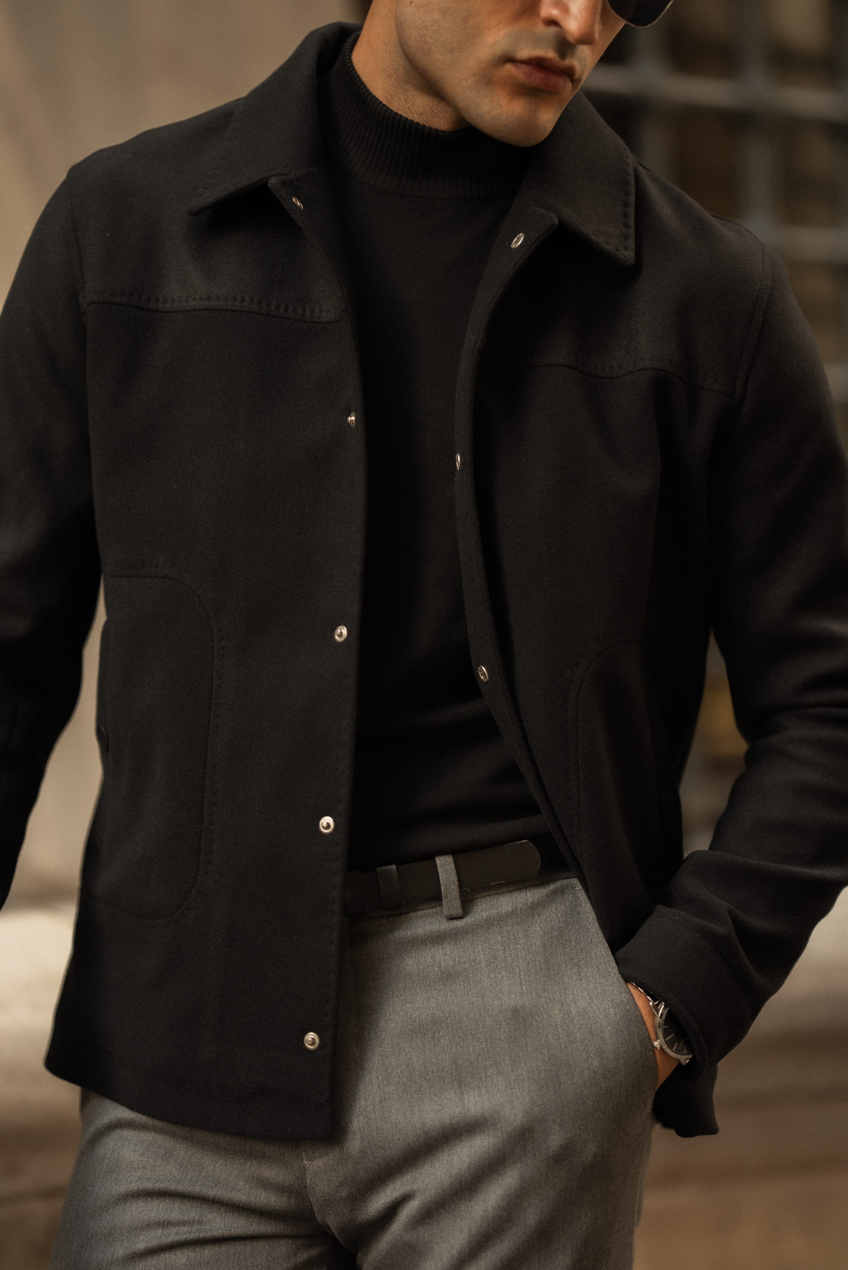 Slim Fit Gömlek Yaka Yün Mont  - Siyah
