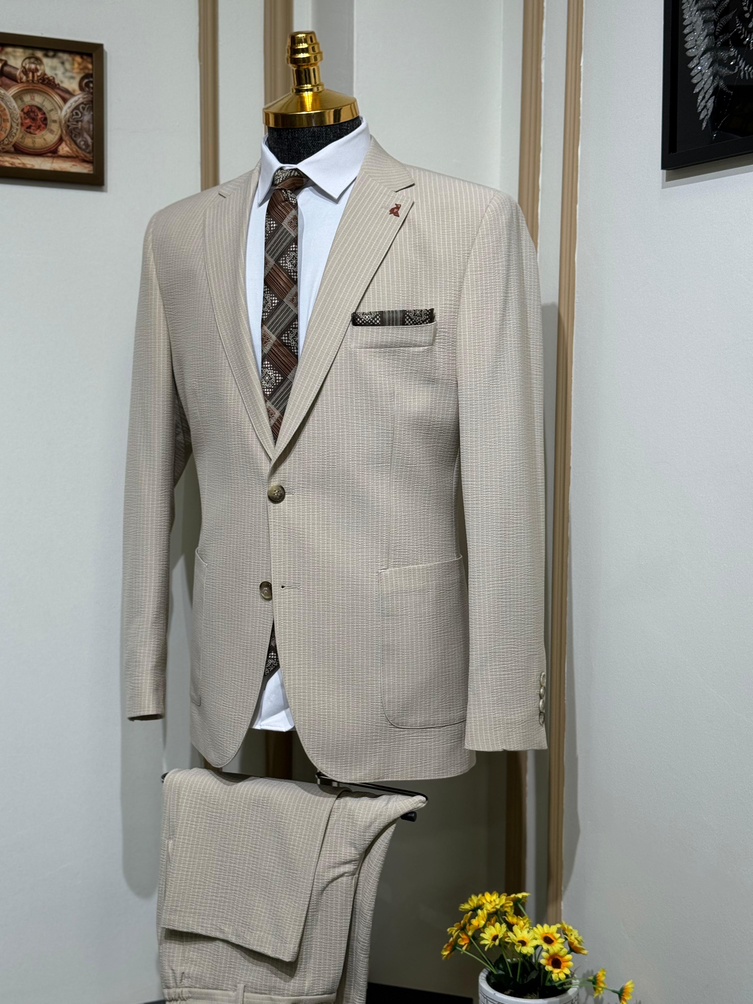 Çizgili Slim Fit Gofre Kumaş Takım Elbiise 