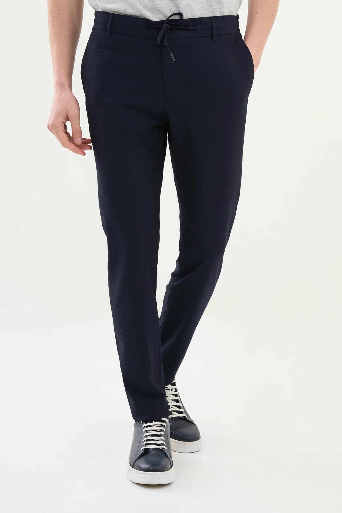 Gofreli Slim Fit Beli Lastikli İpli  Pantolon  - Lacivert