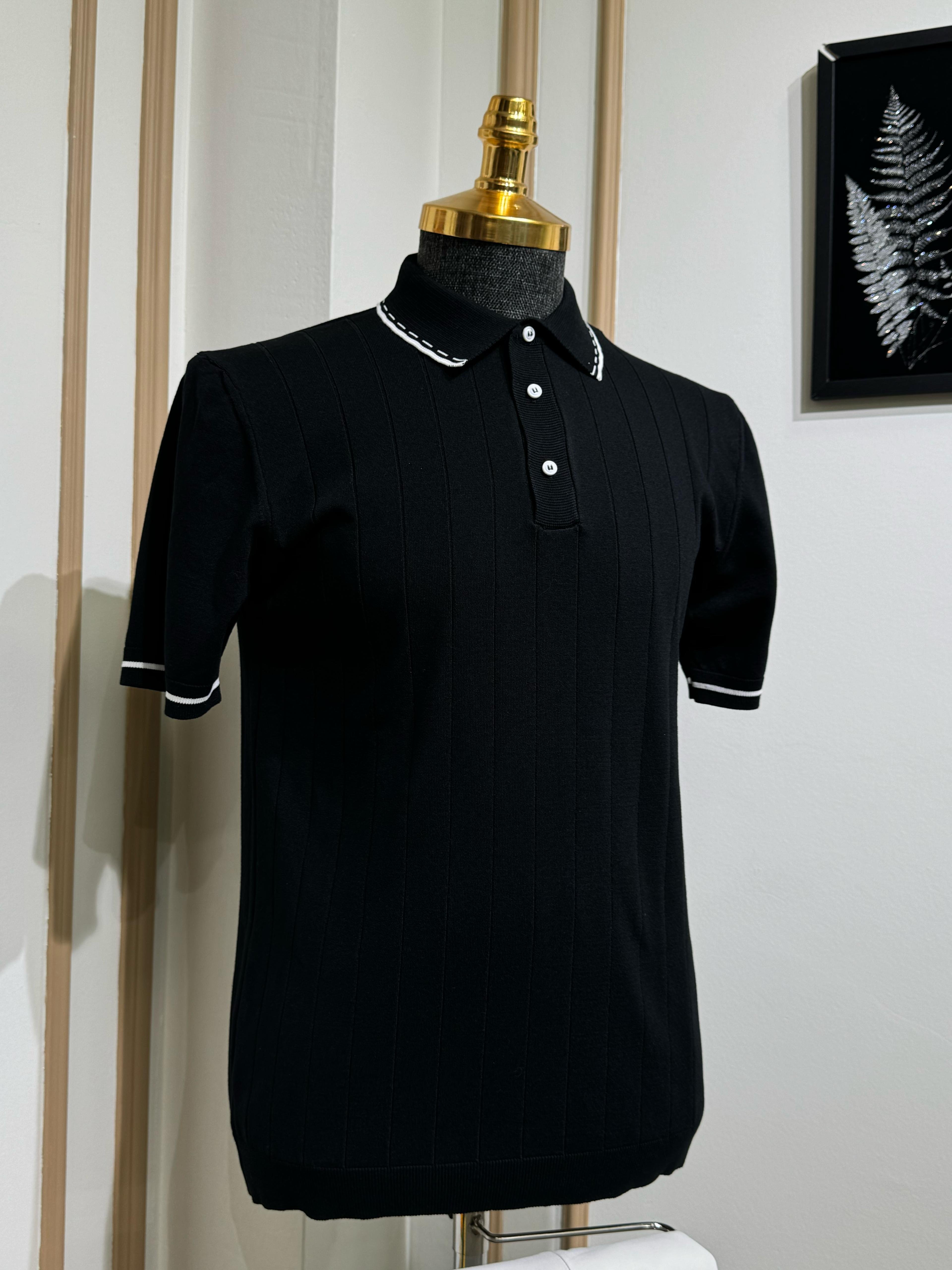 Çizgili Slim Fit Polo Yaka Triko T-Shirt - siyah