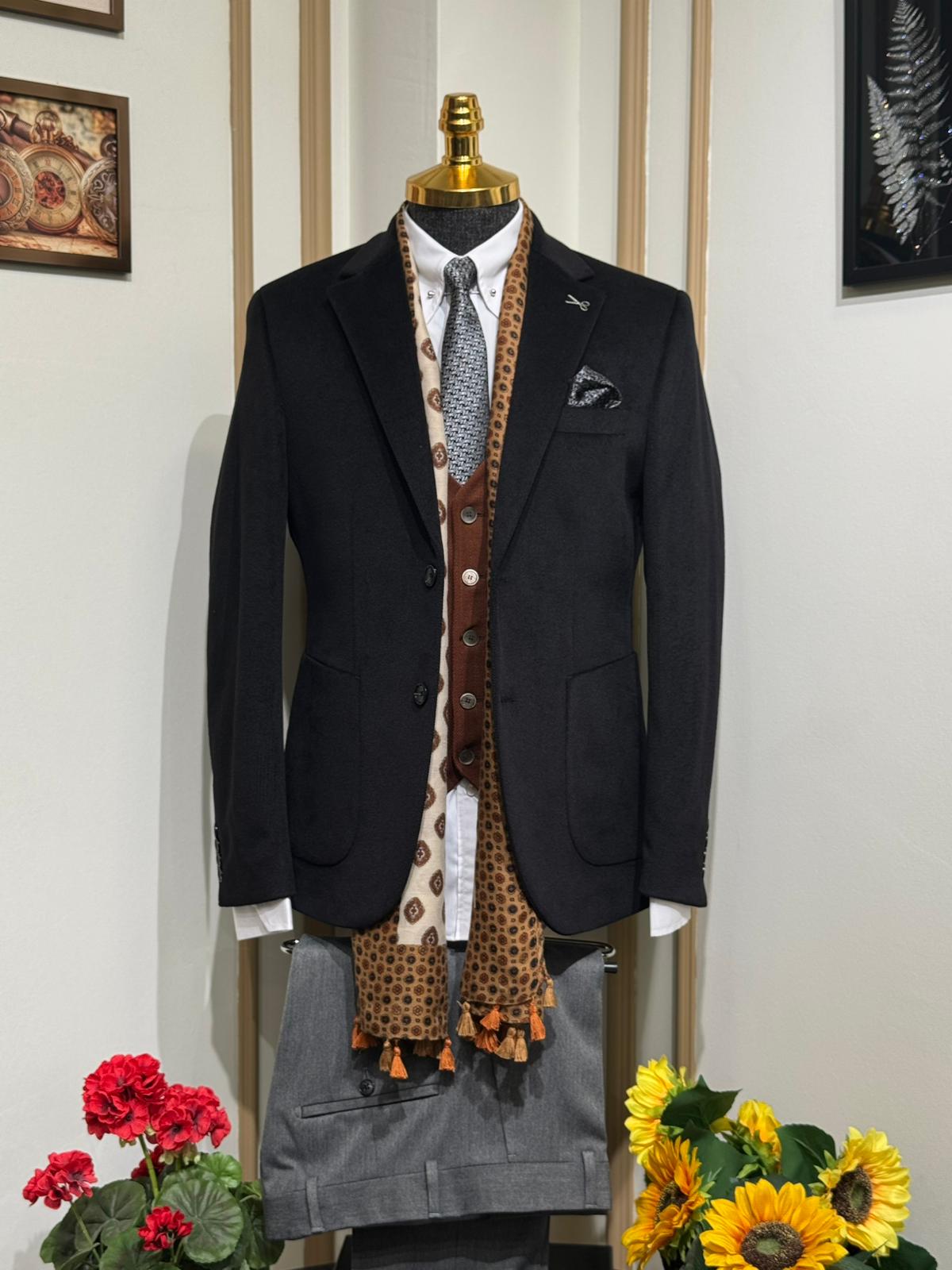 Slim Fit Mono Yaka Kadife Takım Elbise  - Siyah