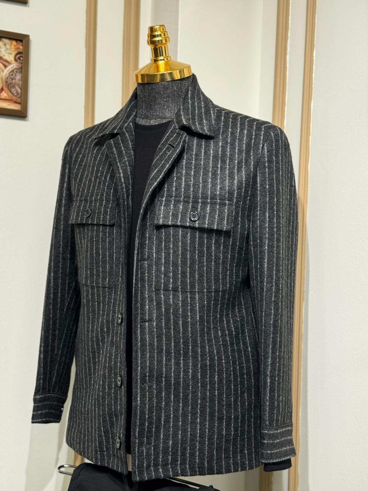Slim Fit Gömlek Yaka Cep Detaylı Desenli Yün Mont - Siyah-Ekru