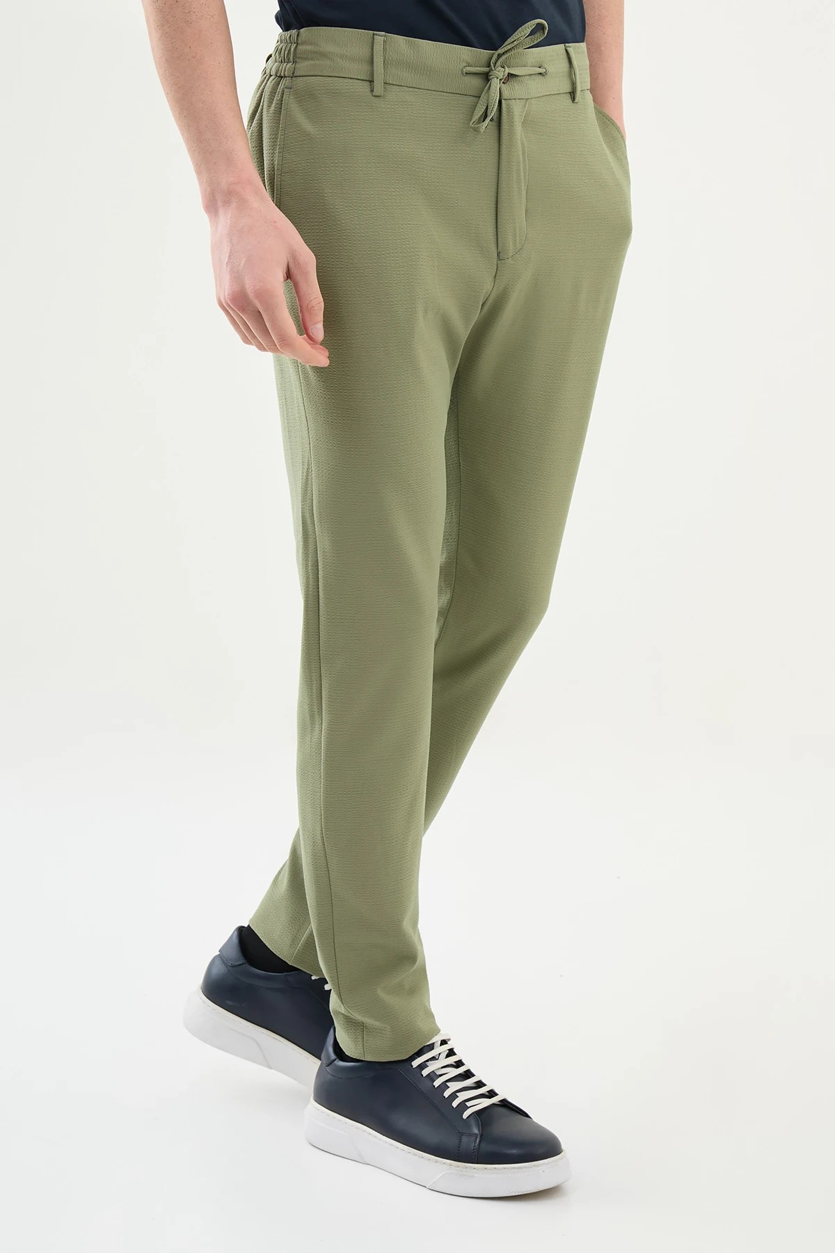 Gofreli Slim Fit Beli Lastikli İpli  Pantolon  - Haki
