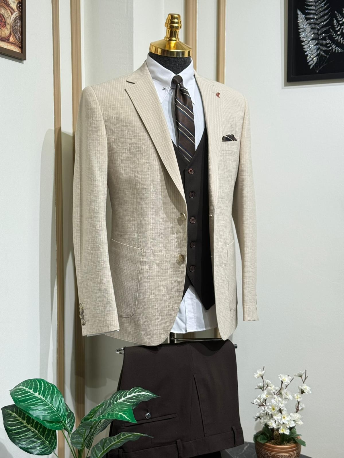 Yeni Sezon Slim Fit  Gofre Kumaş Yelekli Takım Elbise 