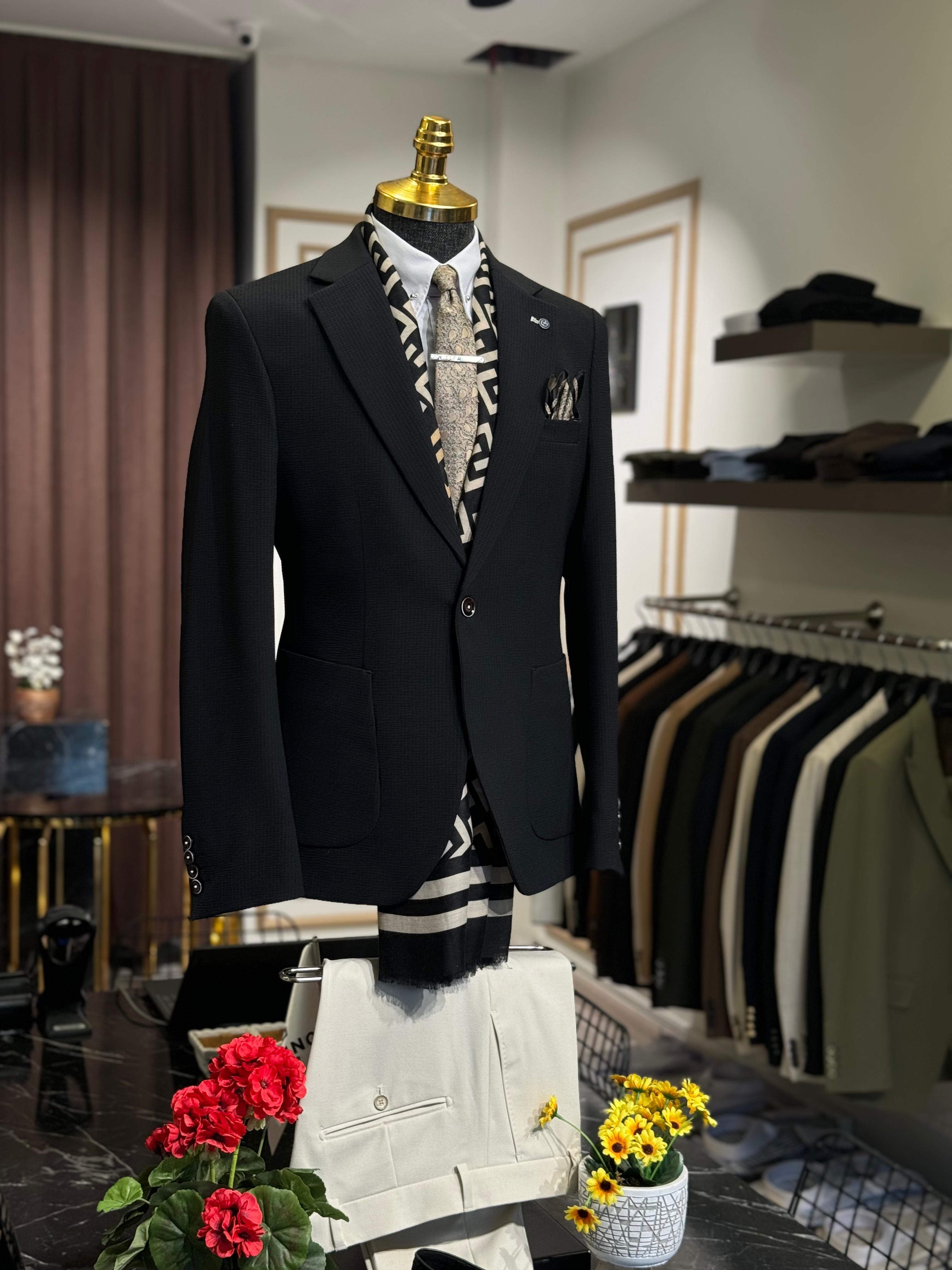 Slim Fit Gofre Kumaş Likralı Takım Elbise 
