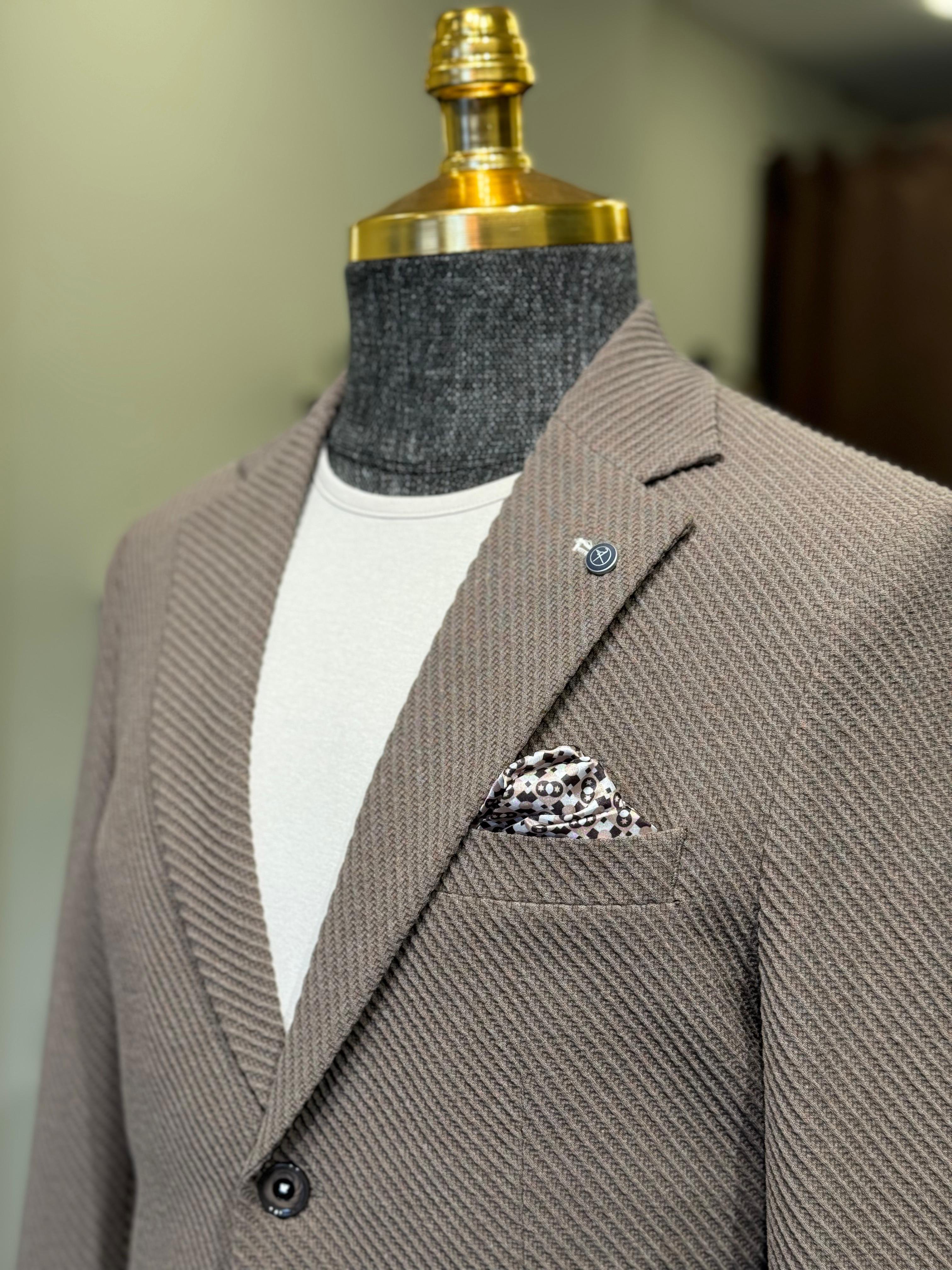 Slim Fit Kendinden Desenli Mono Yaka Takım Elbise