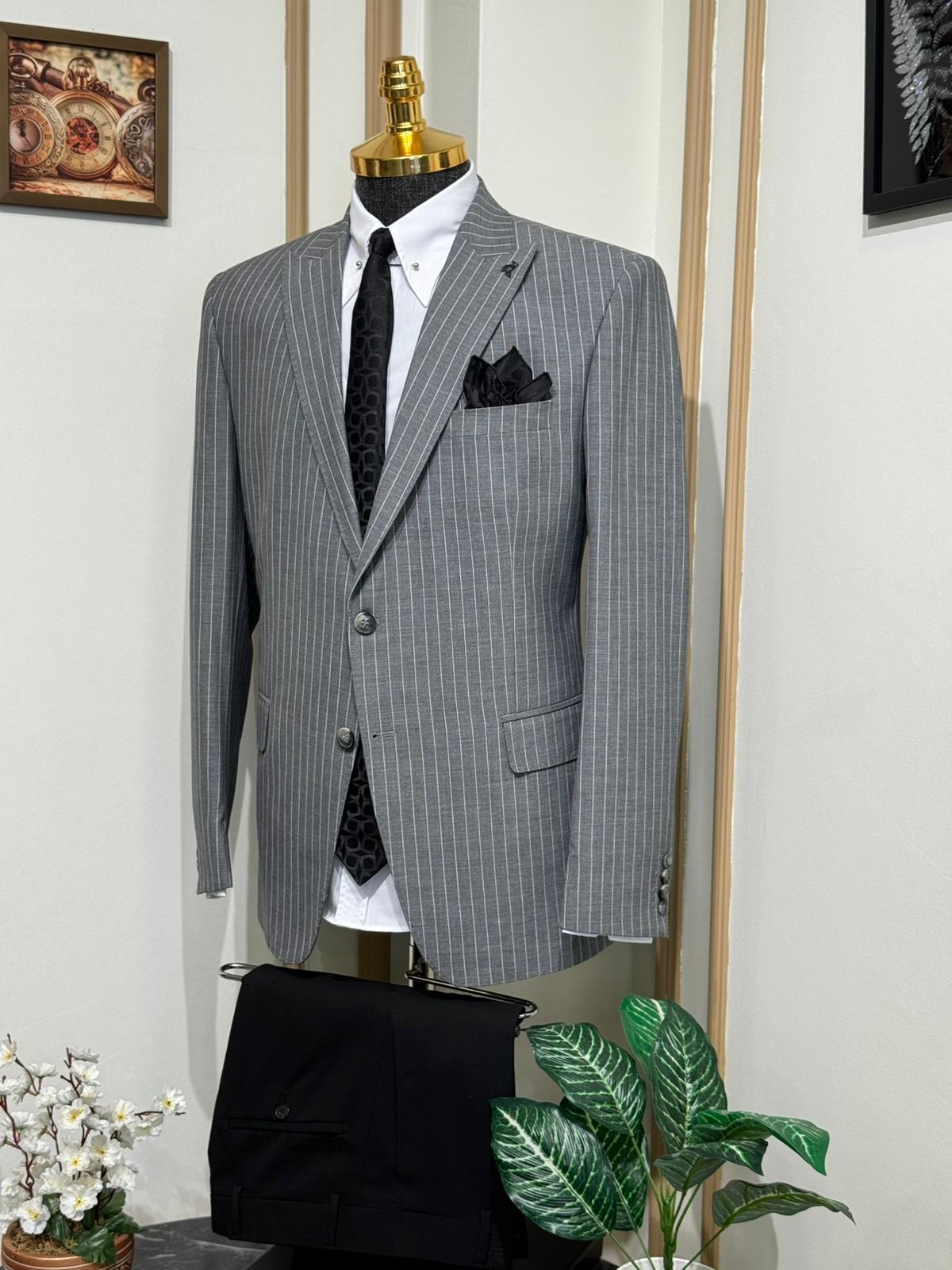 Çizgili Slim Fit Geniş Yaka Takım Elbise 