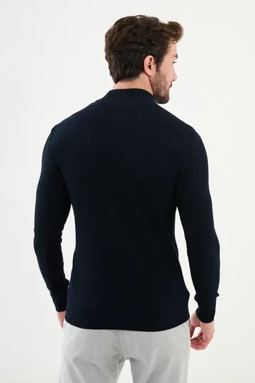 Yarım Balıkçı Yaka  Fermuarlı Slim Fit Dokulu Triko/Kazak