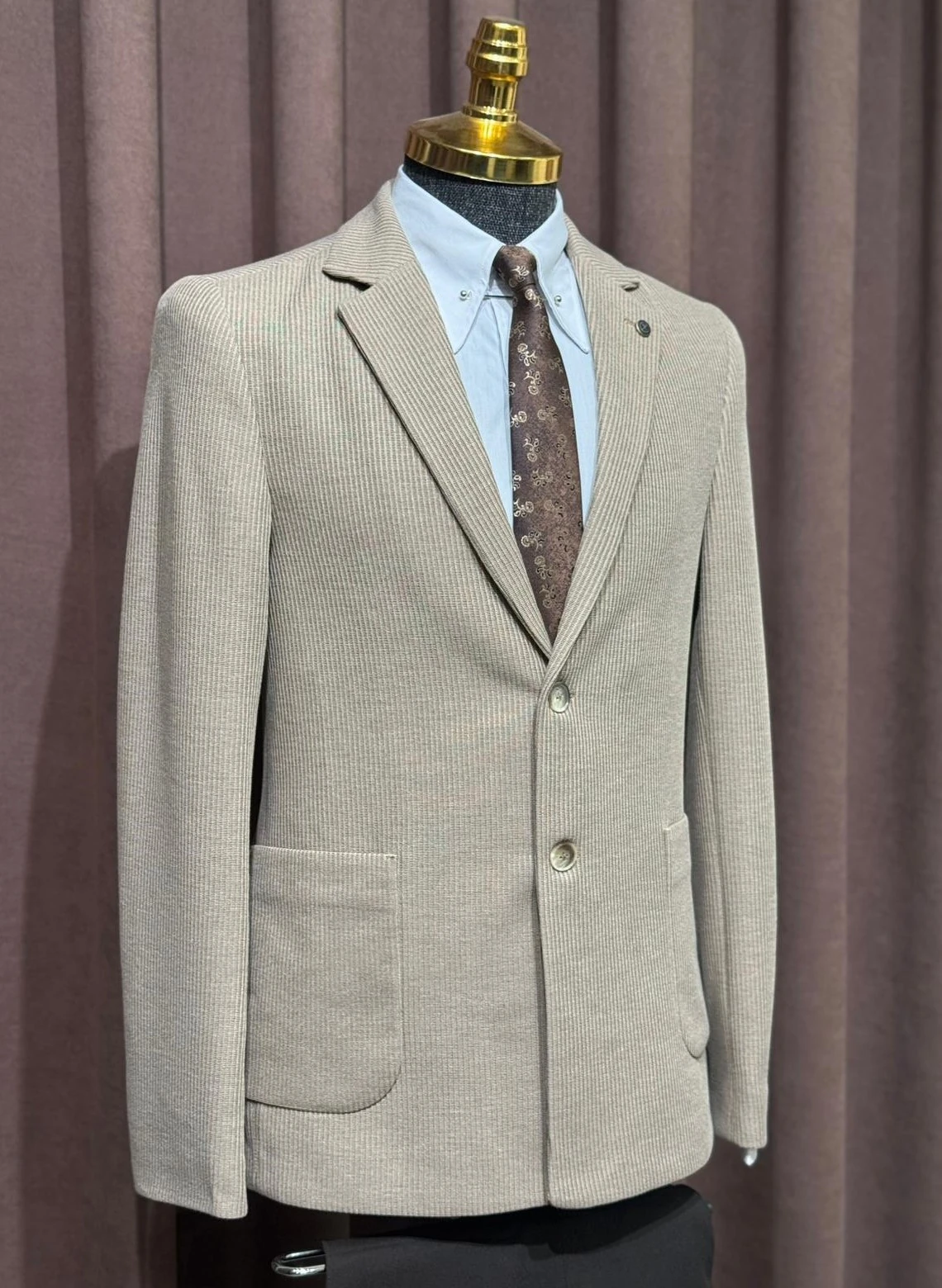 Slim Fit Desenli Torba Cep Detaylı Penye Kumaş Ceket  - Bej