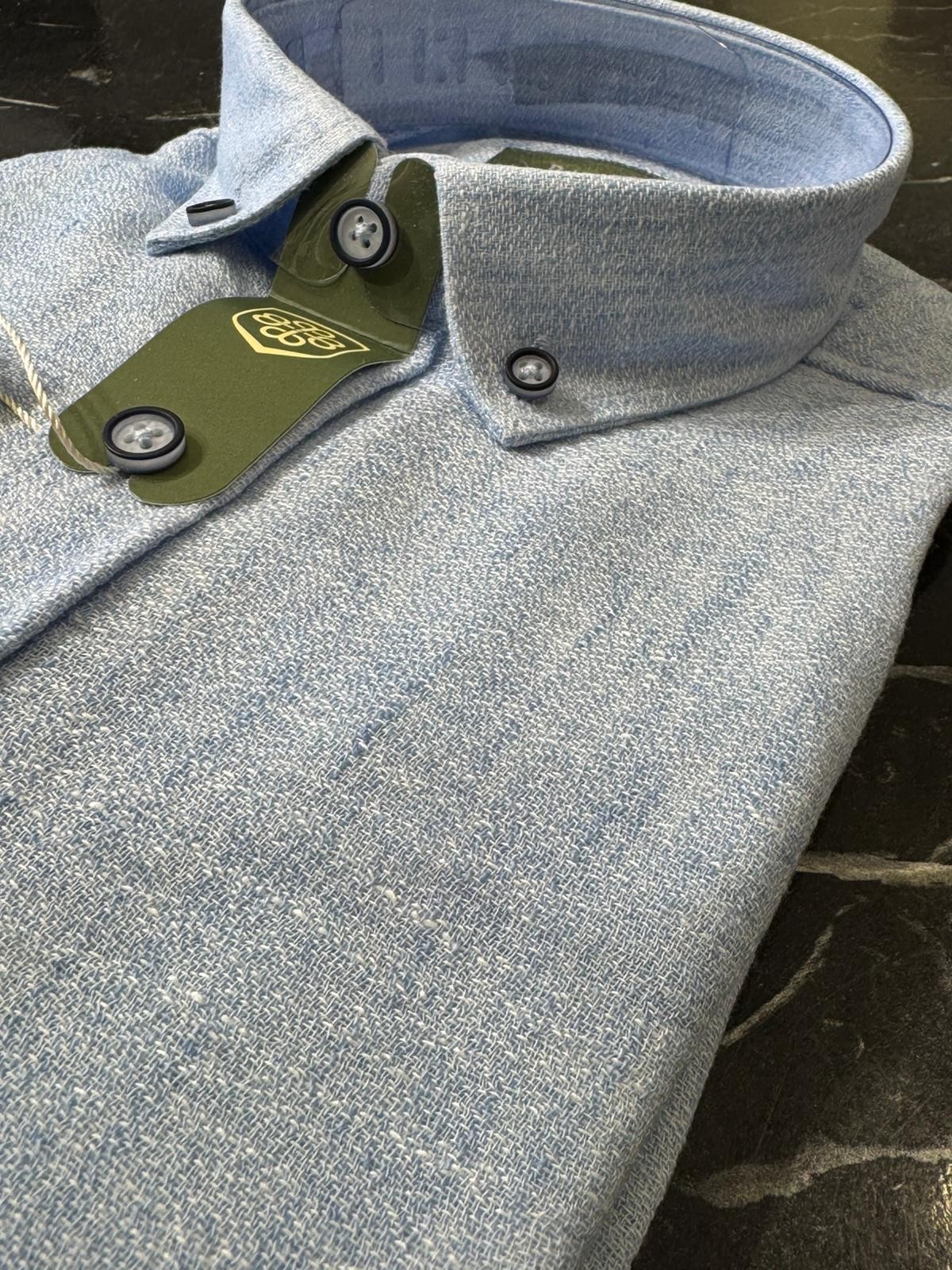 Slim Fit Uzun Kollu Keten Gömlek - Mavi