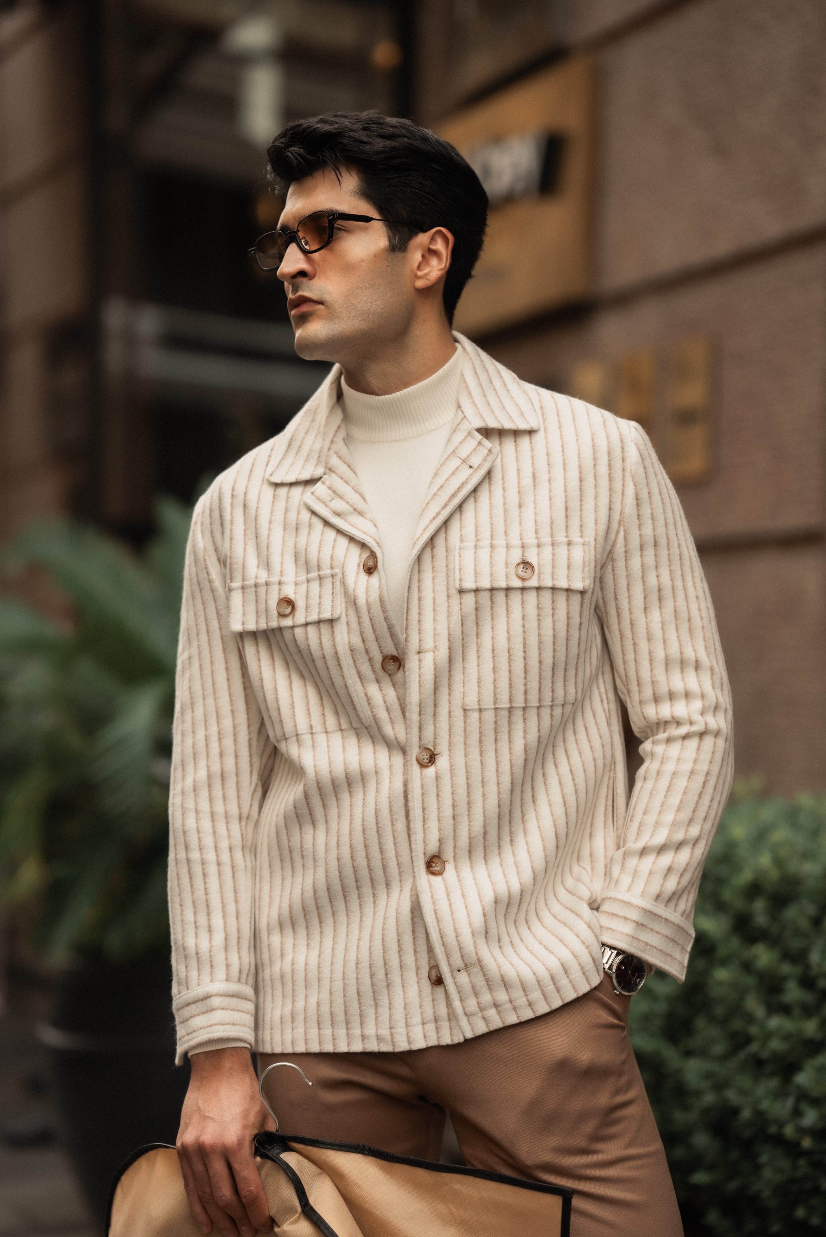 Slim Fit Gömlek Yaka Cep Detaylı Desenli Yün Mont