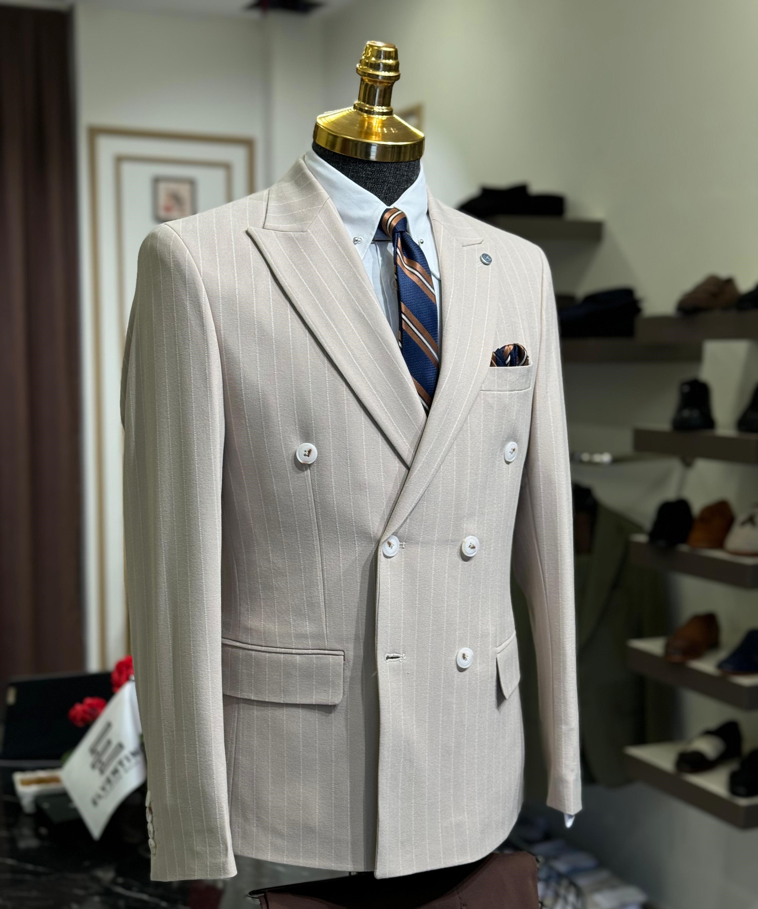Slim Fit İtalyan Kesim Çizgili Kruvaze Ceket  - Bej